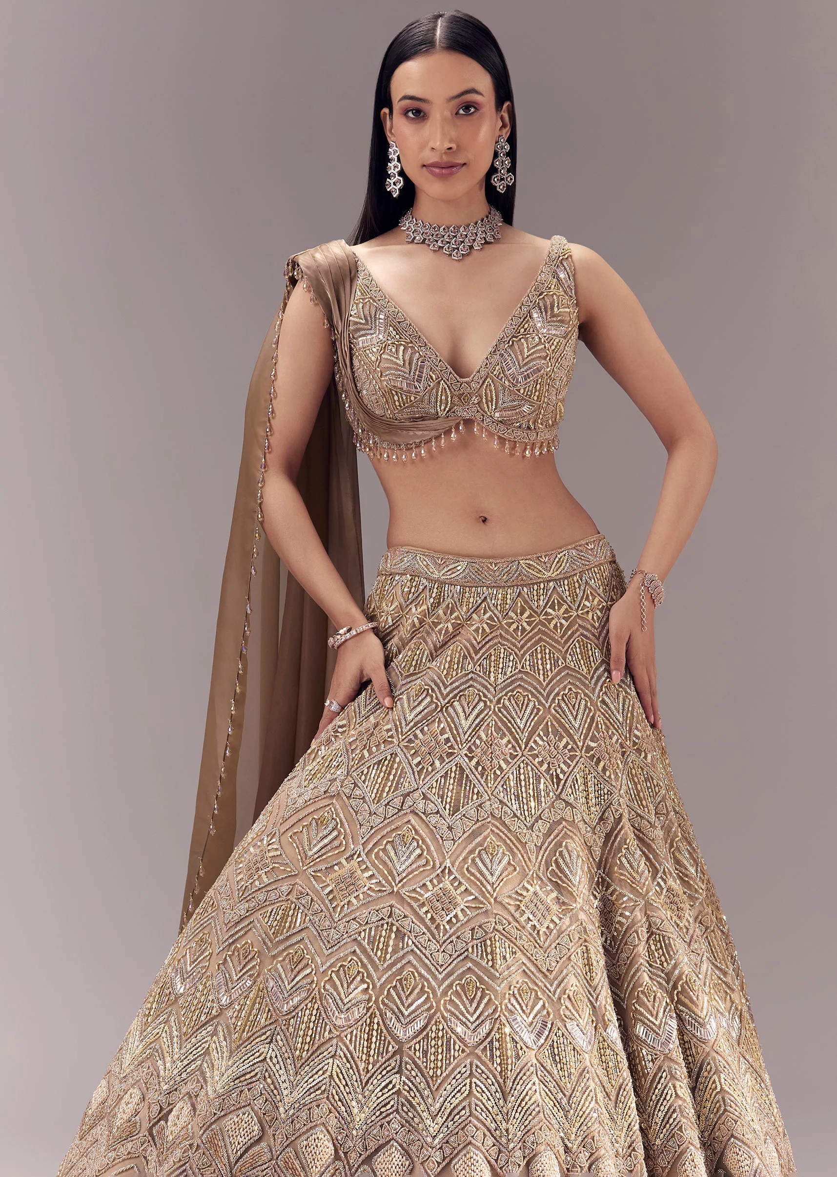 Gold Draped Blouse and Embellished Lehenga Set - Image 6