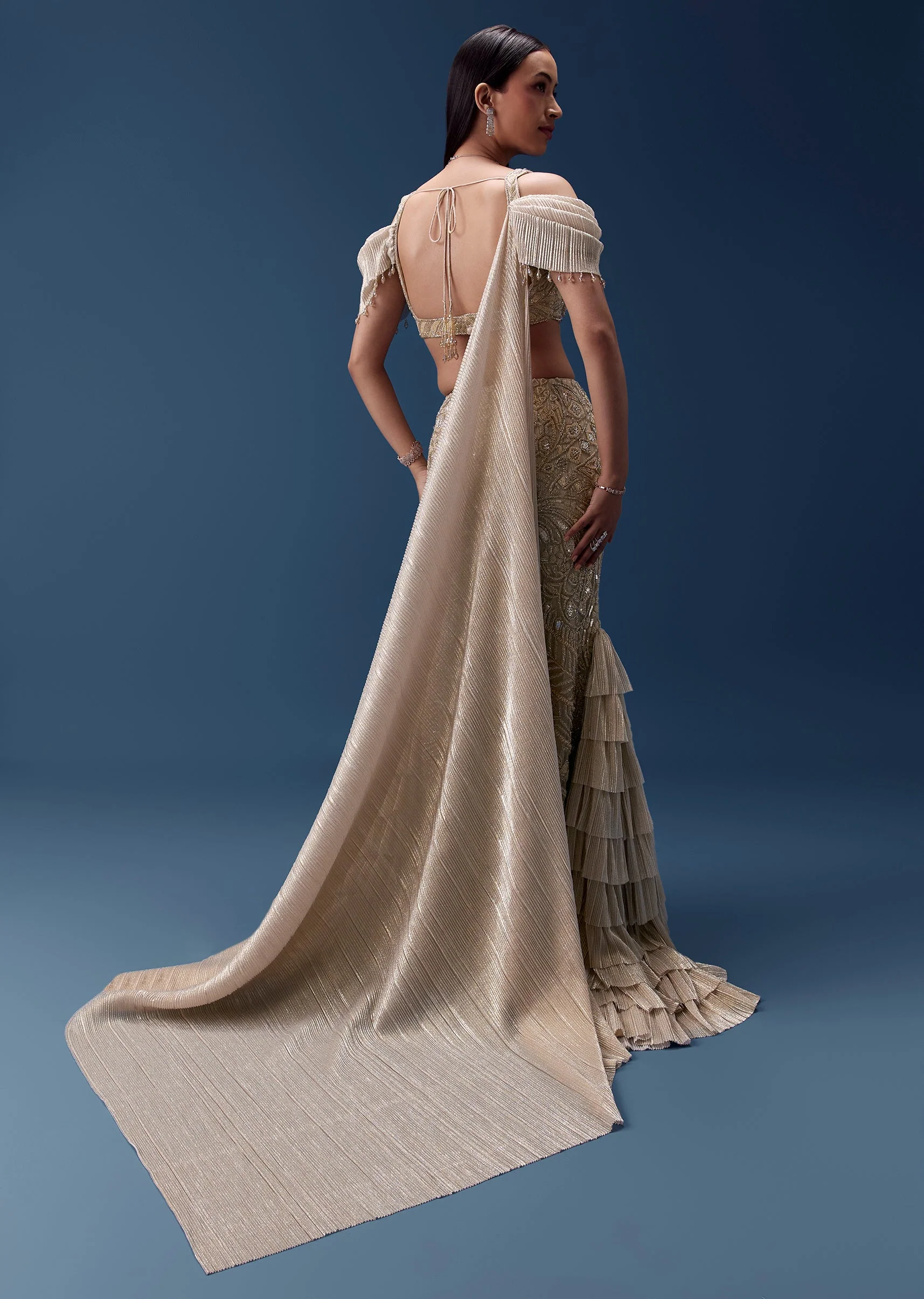 Gold Draped Blouse with Embellished Skirt - Image 2
