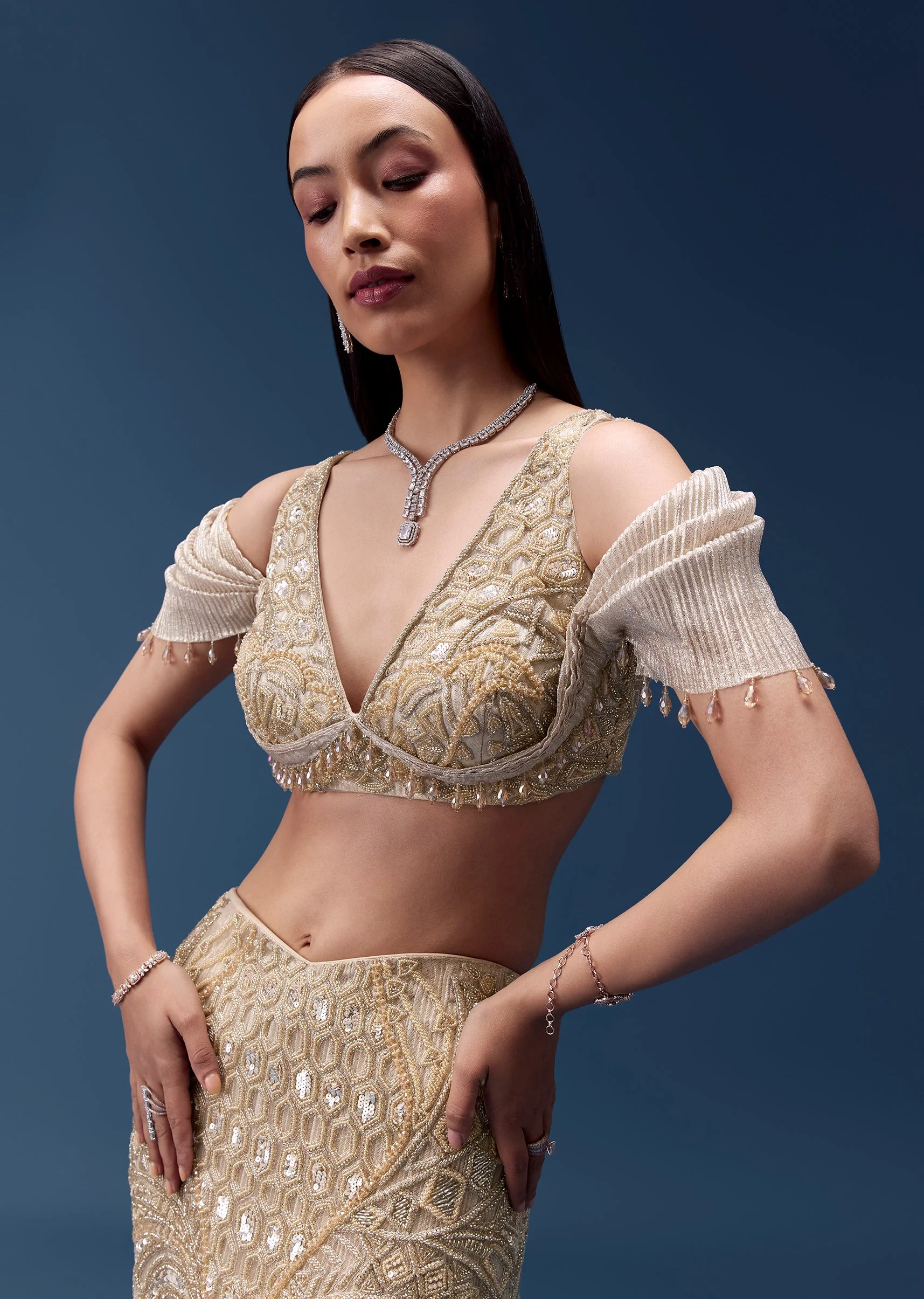 Gold Draped Blouse with Embellished Skirt - Image 3