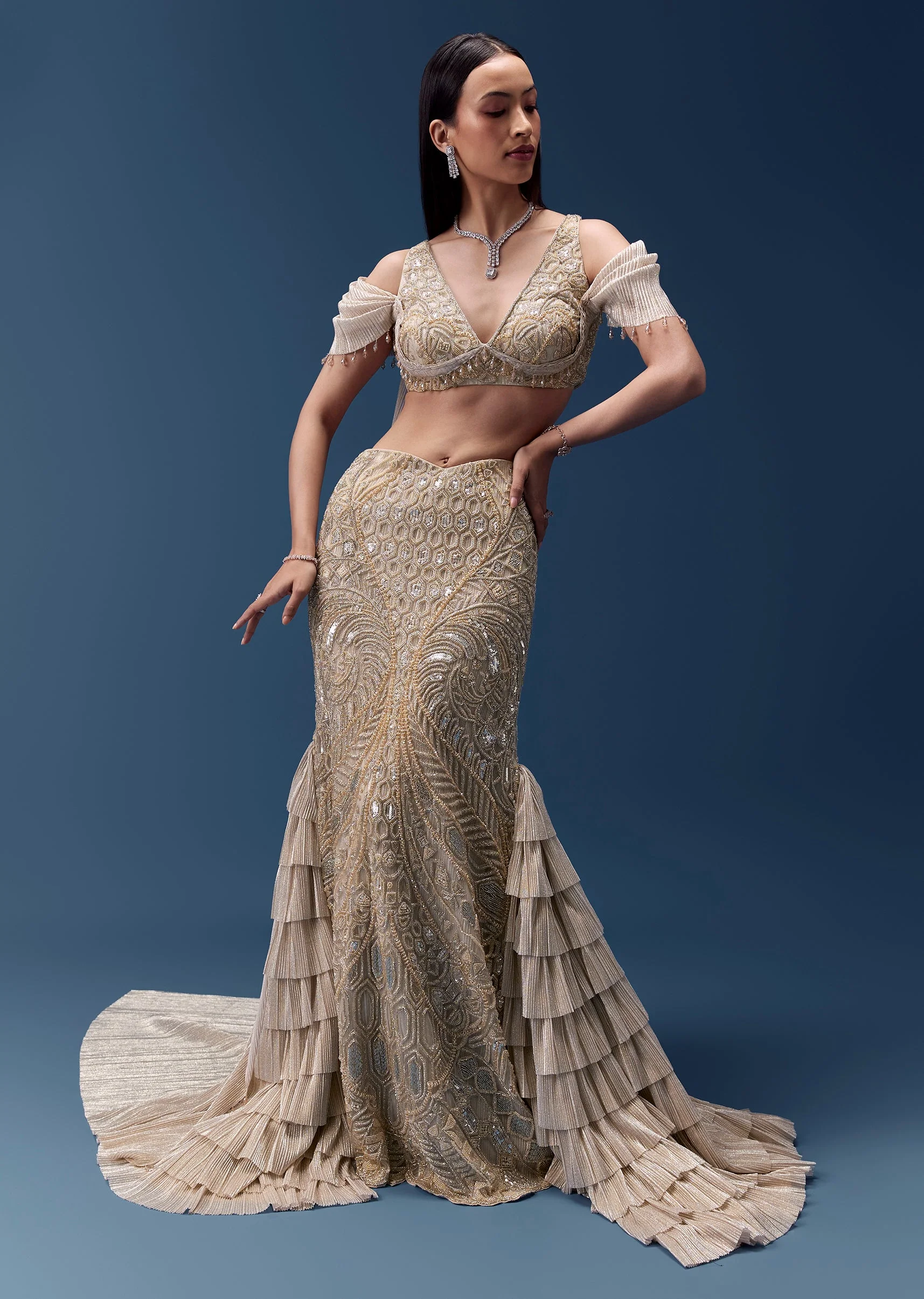 Gold Draped Blouse with Embellished Skirt - Image 4