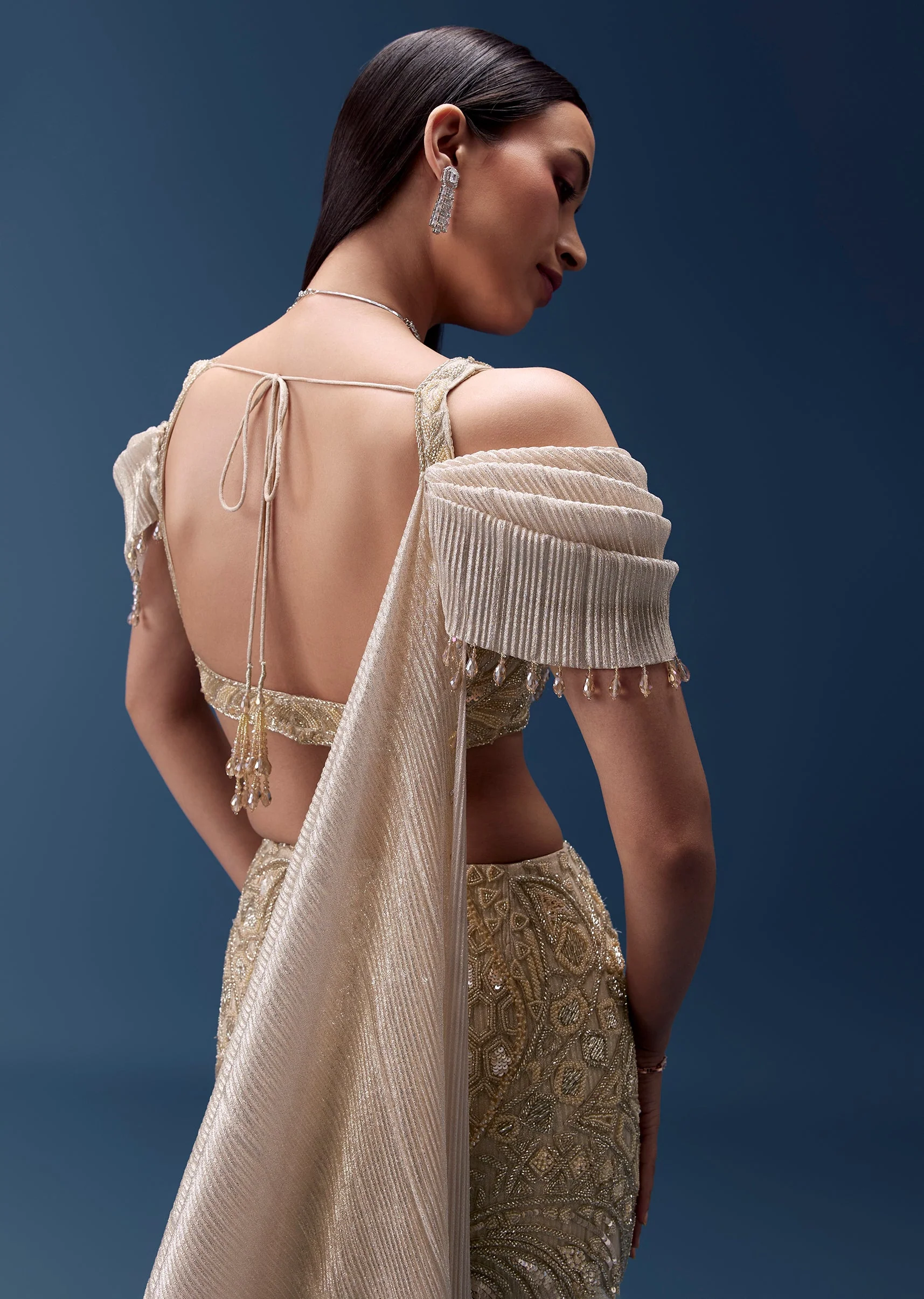 Gold Draped Blouse with Embellished Skirt - Image 5