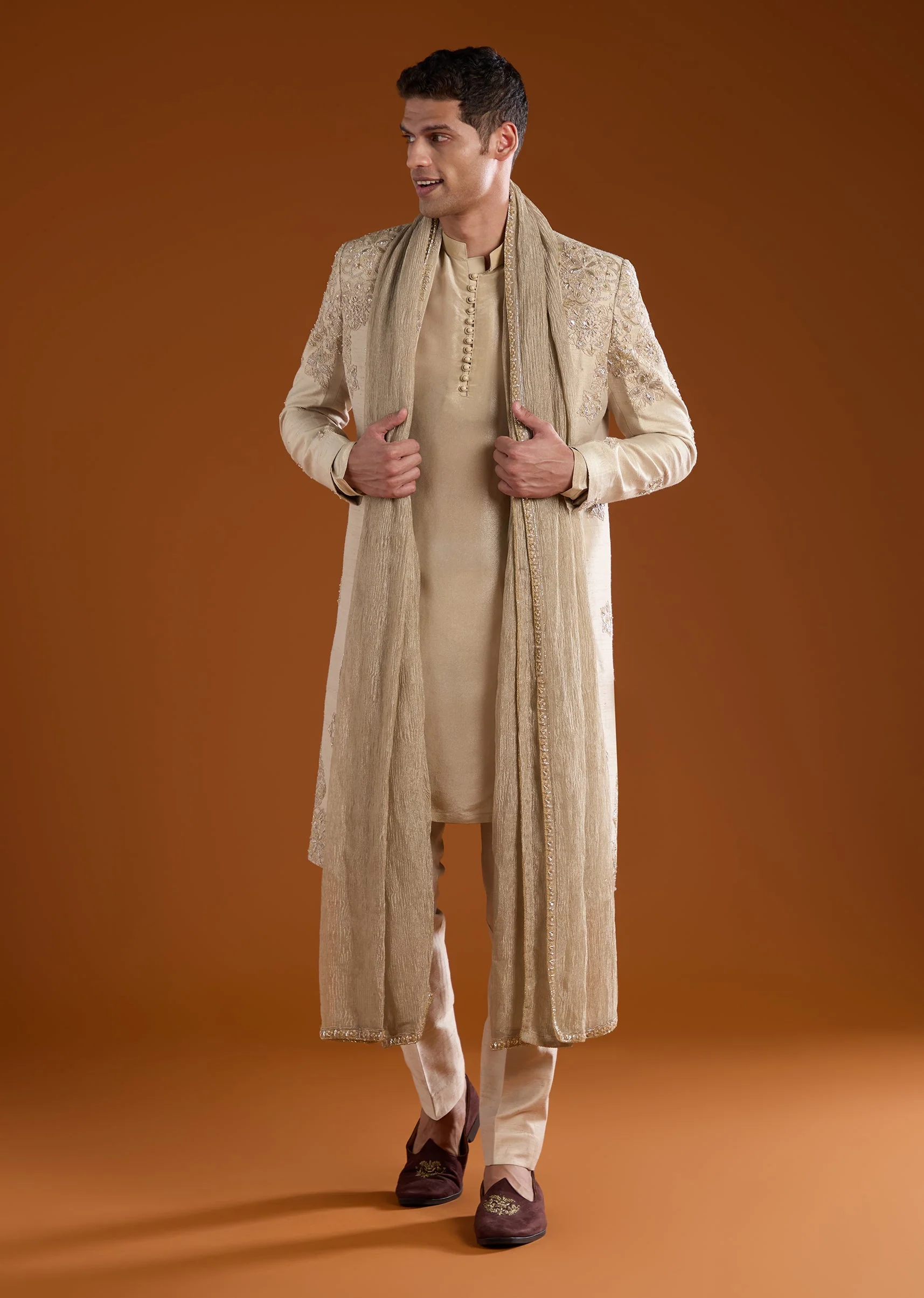 Gold Embroidered Silk Sherwani Kurta Set