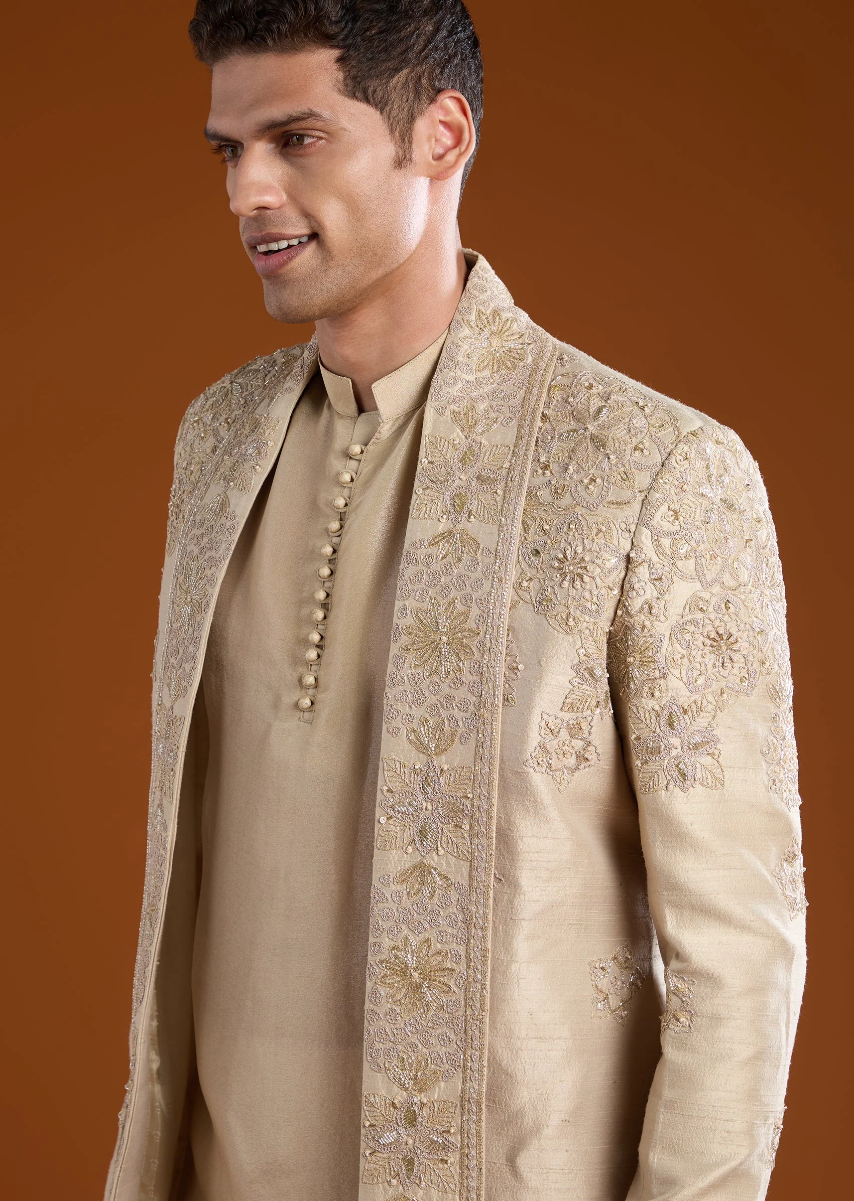 Gold Embroidered Silk Sherwani Kurta Set - Image 2