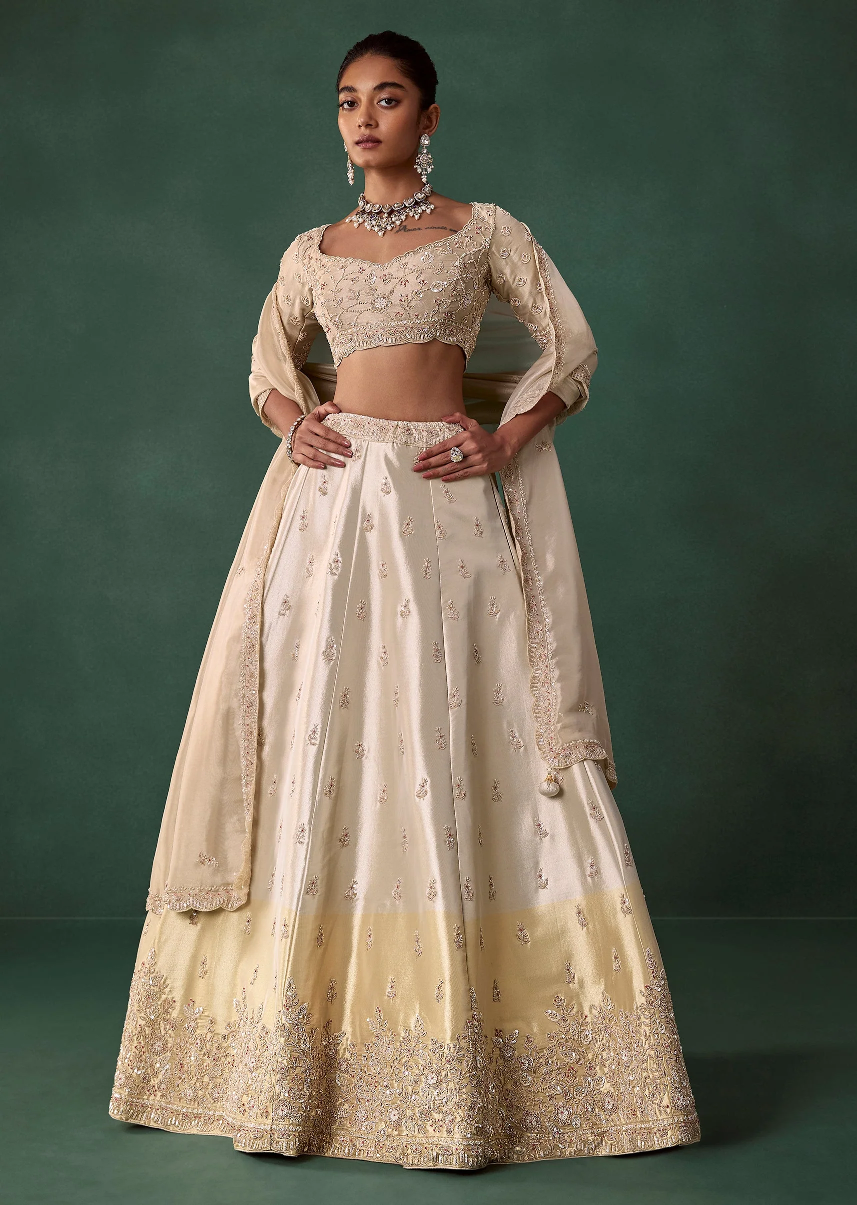 Gold Embroidered Tissue Shaded Bridal Lehenga Set with Cutdana - Image 4