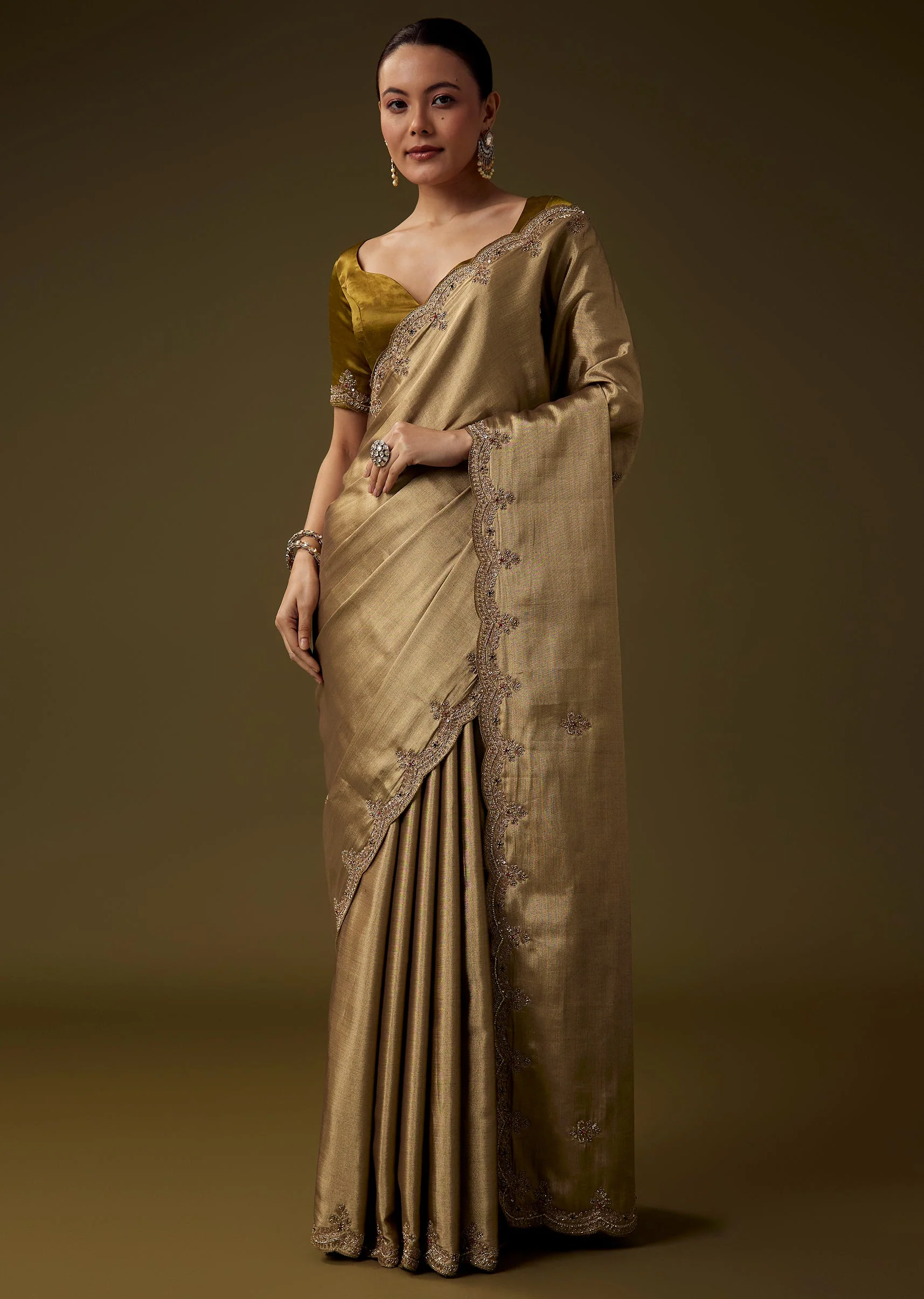 Gold Embroidered Tissue Silk Saree with Unstitched Blouse