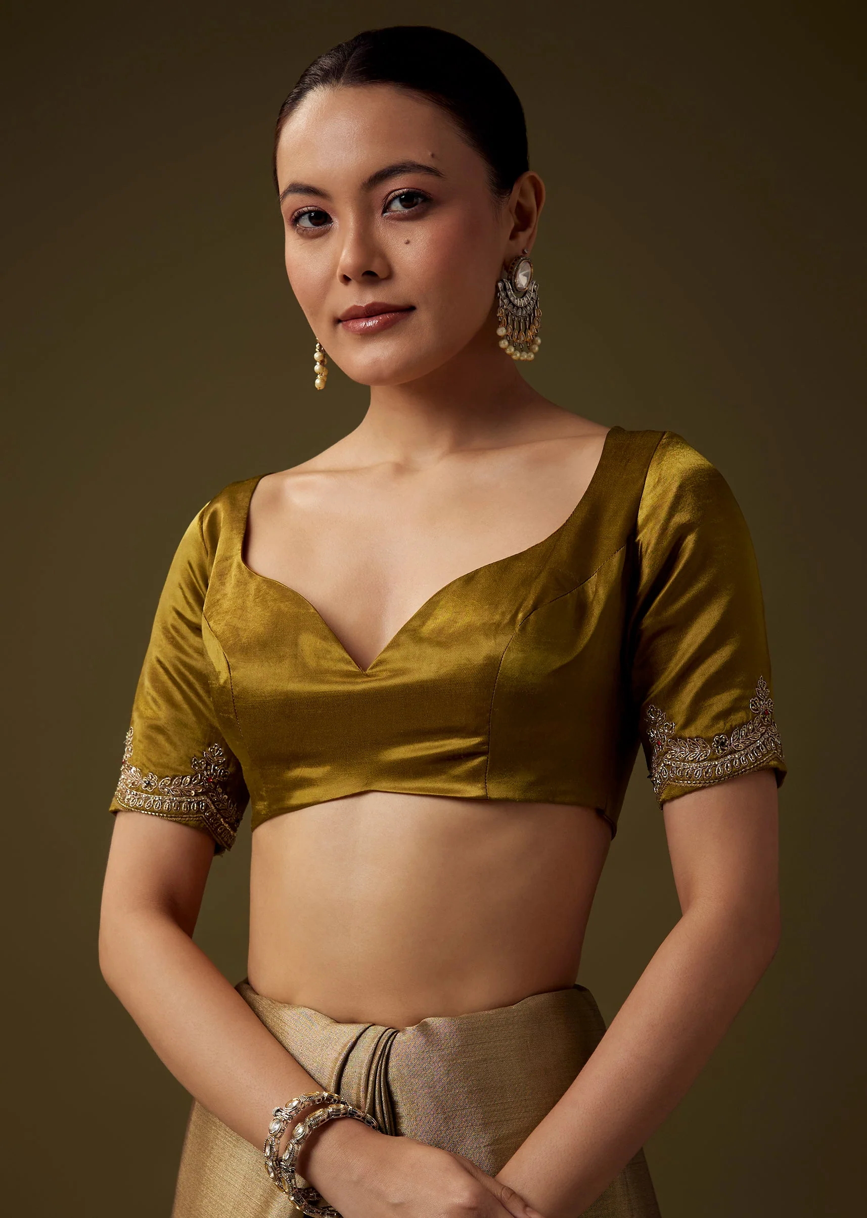 Gold Embroidered Tissue Silk Saree with Unstitched Blouse - Image 7