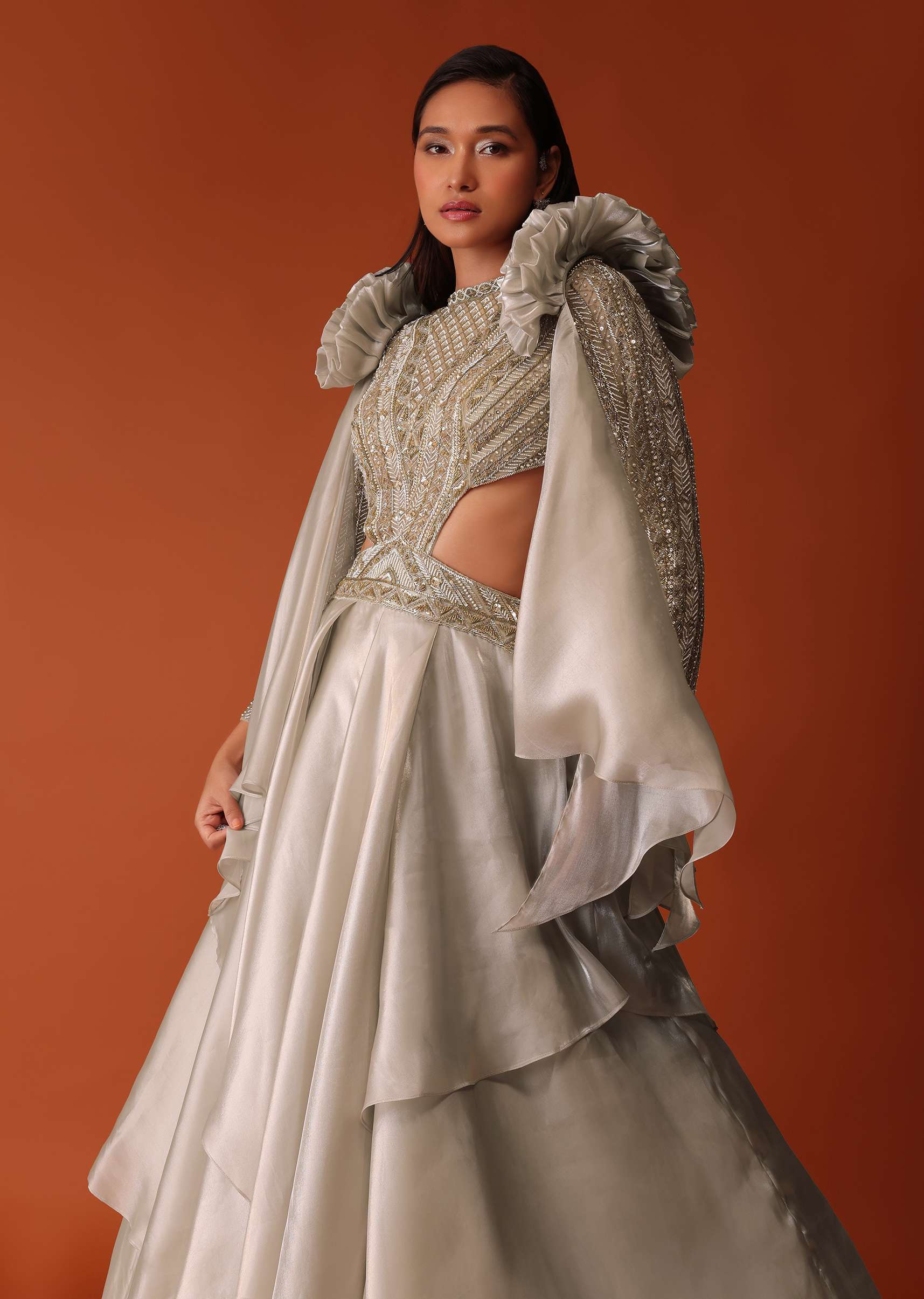 Gold Embroidered Western Bridal Gown In Organza With Shoulder Wings - Image 3