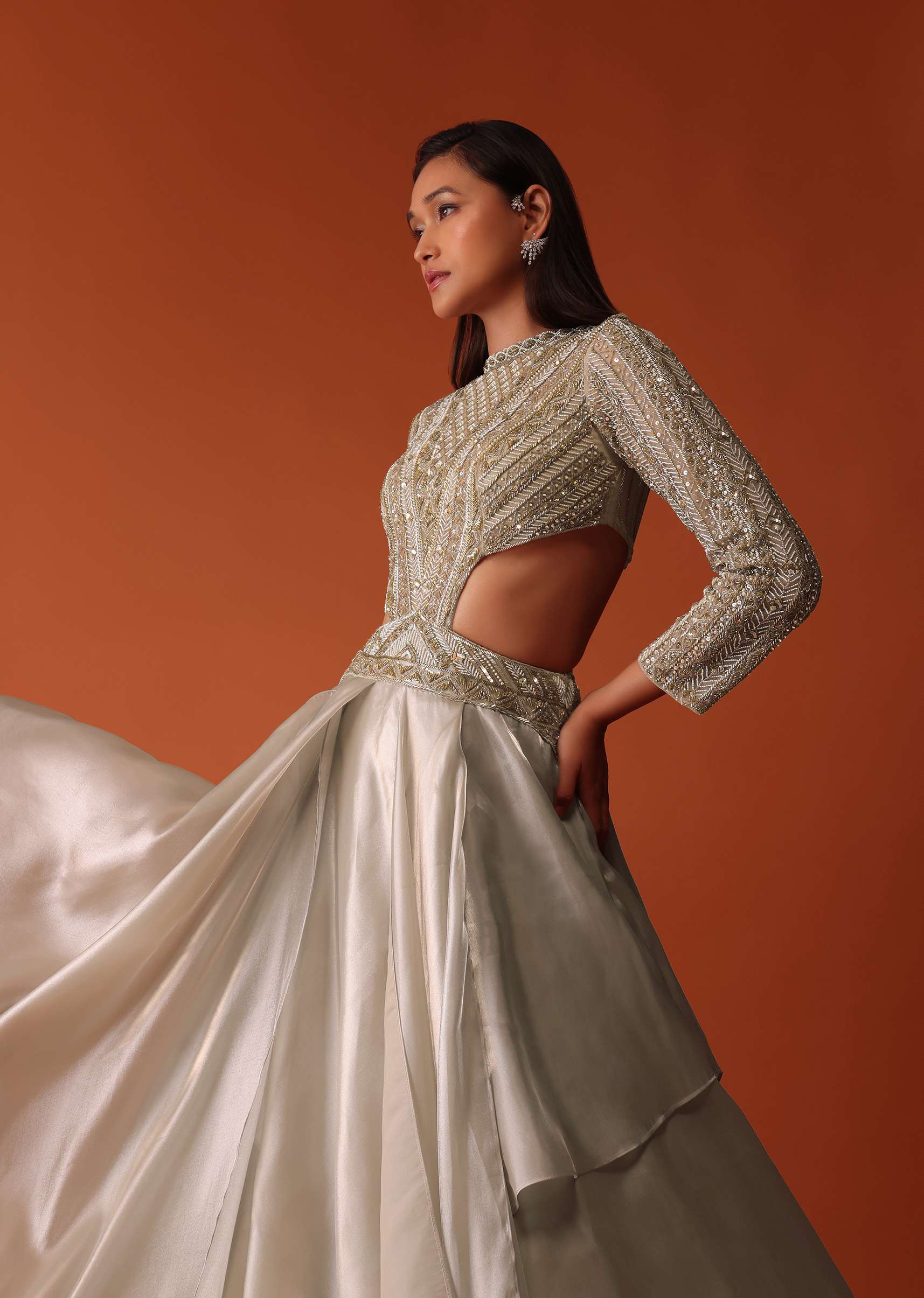 Gold Embroidered Western Bridal Gown In Organza With Shoulder Wings - Image 5
