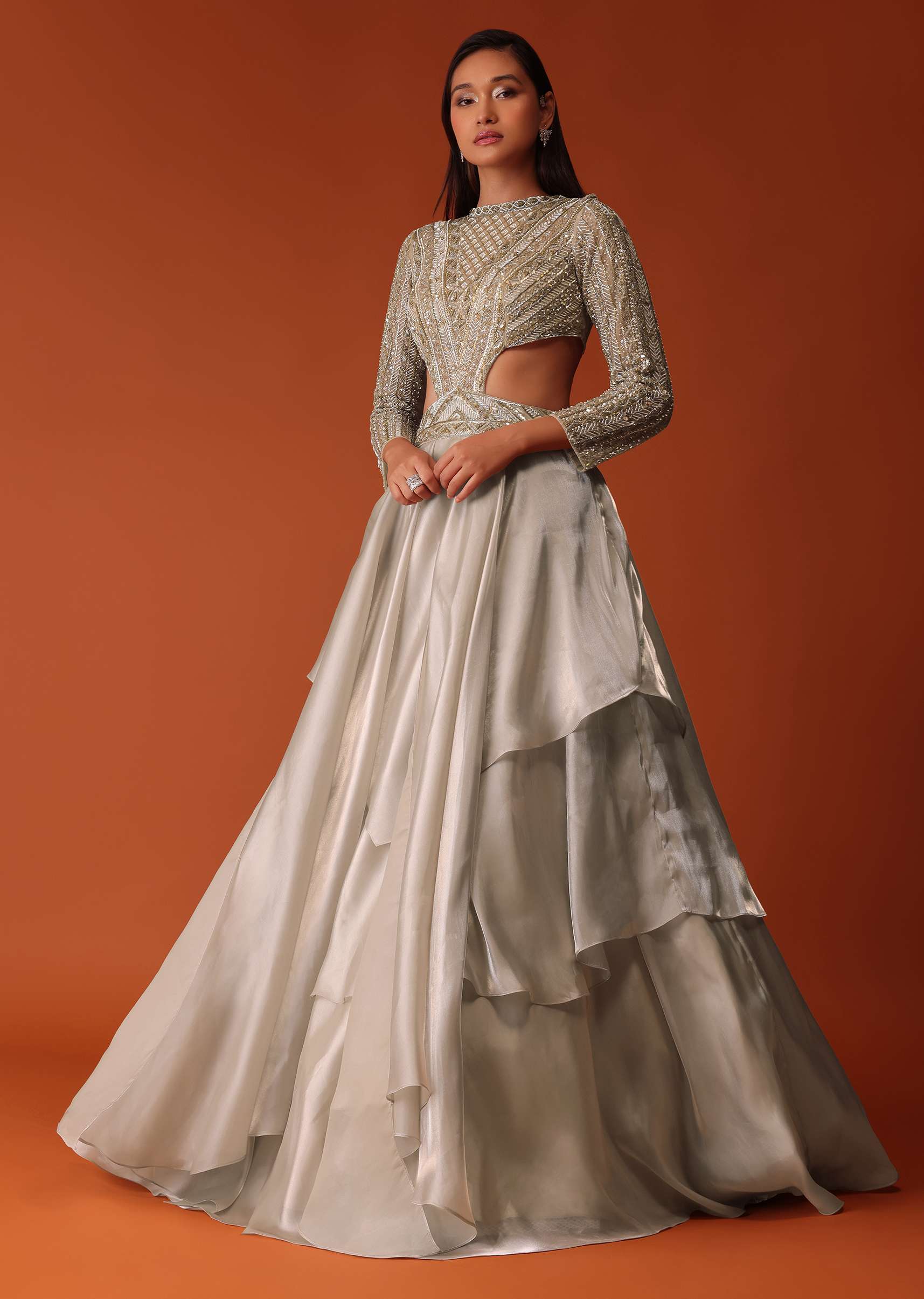 Gold Embroidered Western Bridal Gown In Organza With Shoulder Wings - Image 6