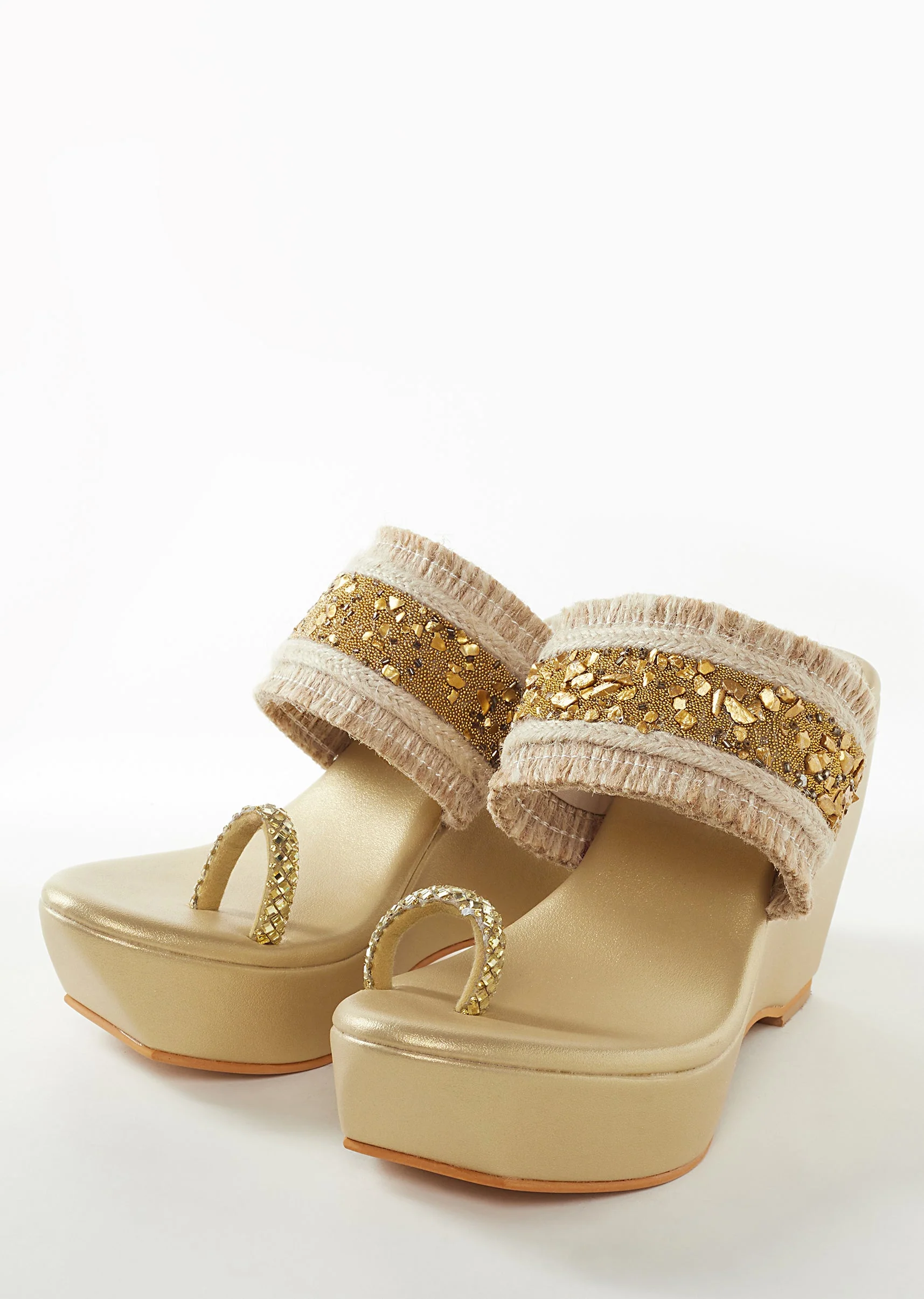 Gold Faux Leather Womens Footwear With Embellished Work