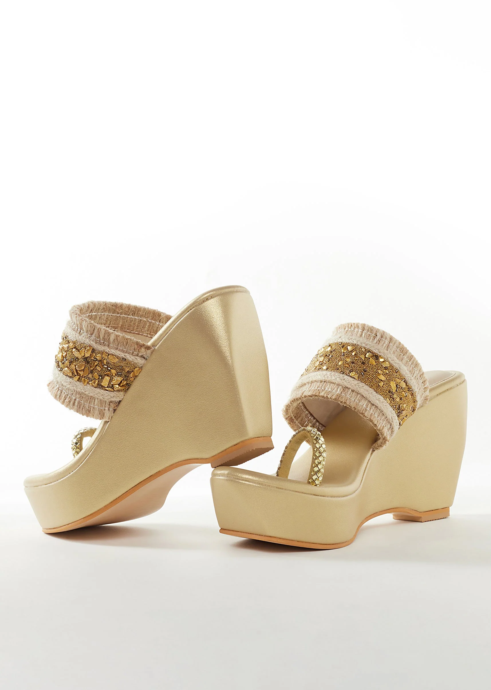 Gold Faux Leather Womens Footwear With Embellished Work - Image 3