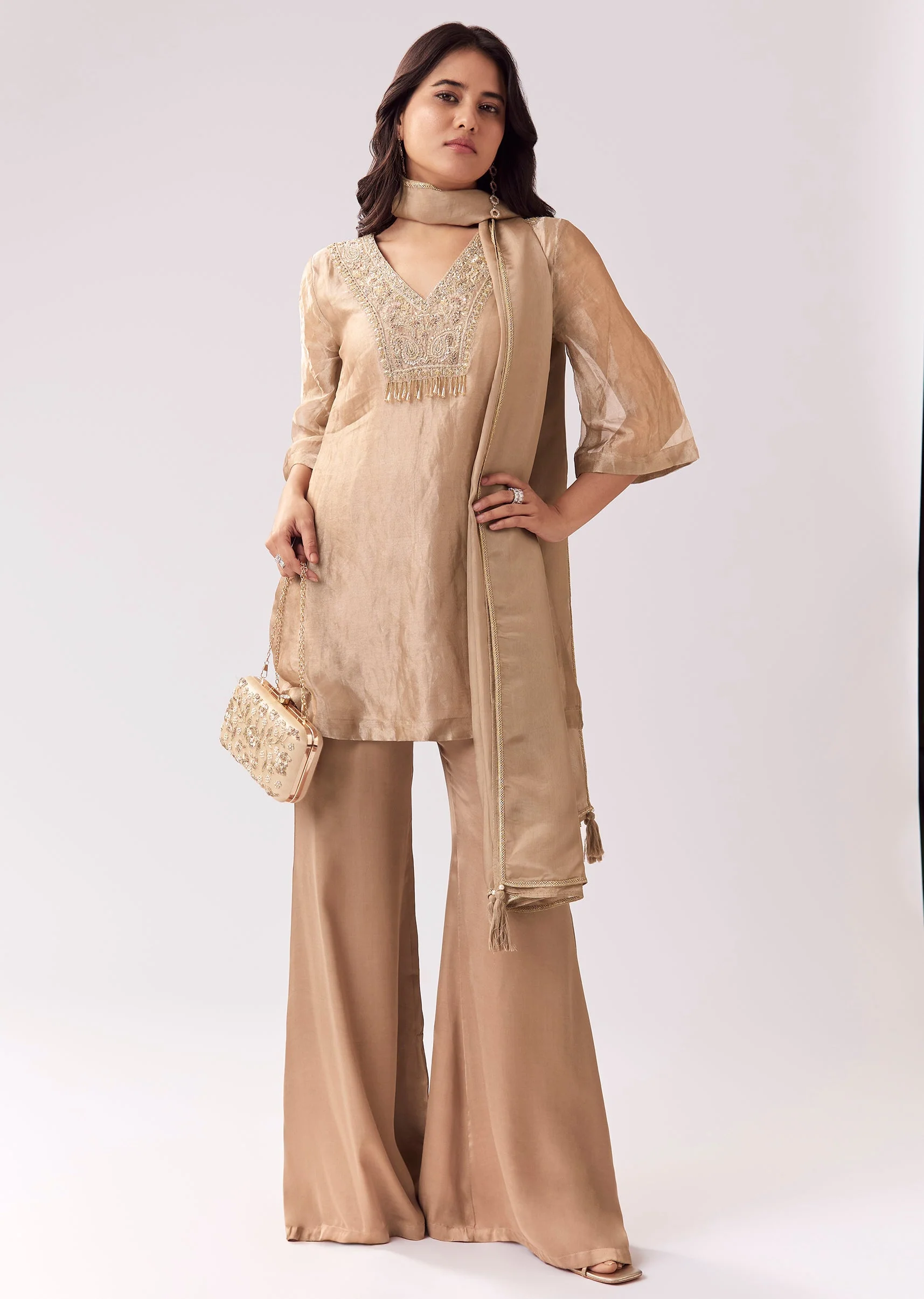 Gold Festive Palazzo Suit With Sequin Sparkle And Flared Sleeves - Image 3