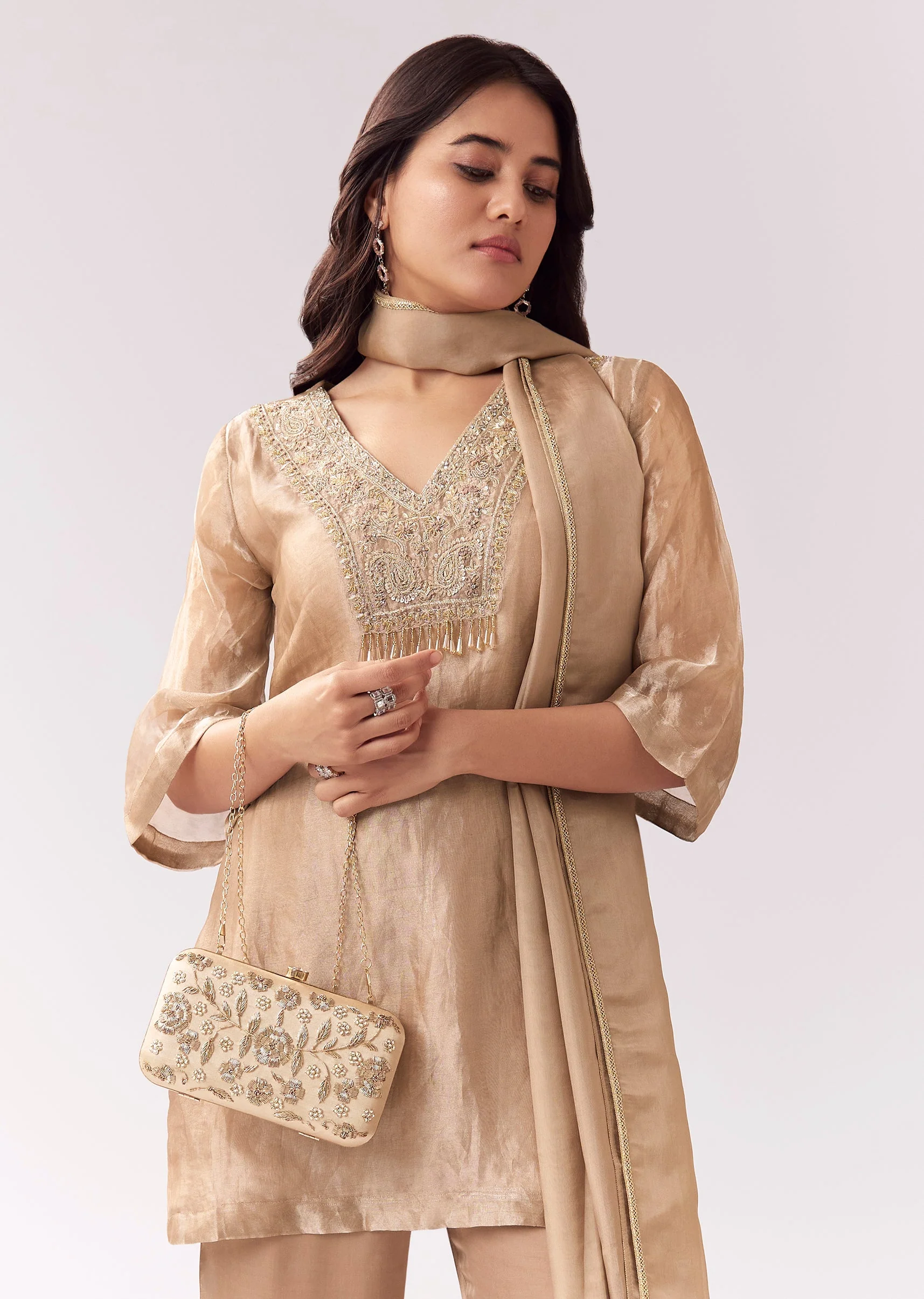 Gold Festive Palazzo Suit With Sequin Sparkle And Flared Sleeves - Image 4