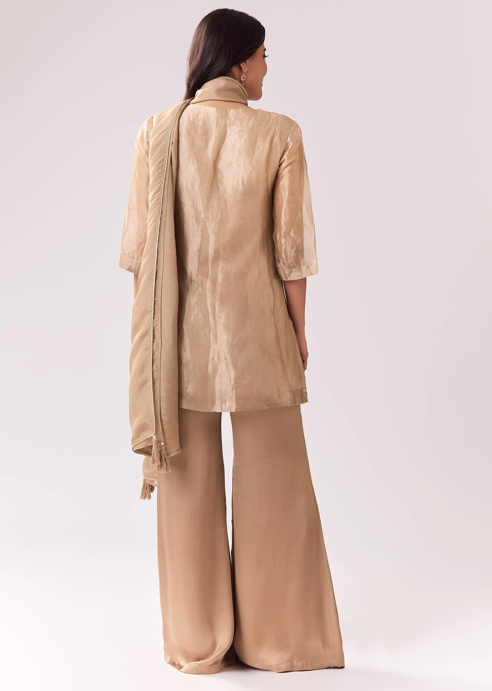 Gold Festive Palazzo Suit With Sequin Sparkle And Flared Sleeves - Image 5