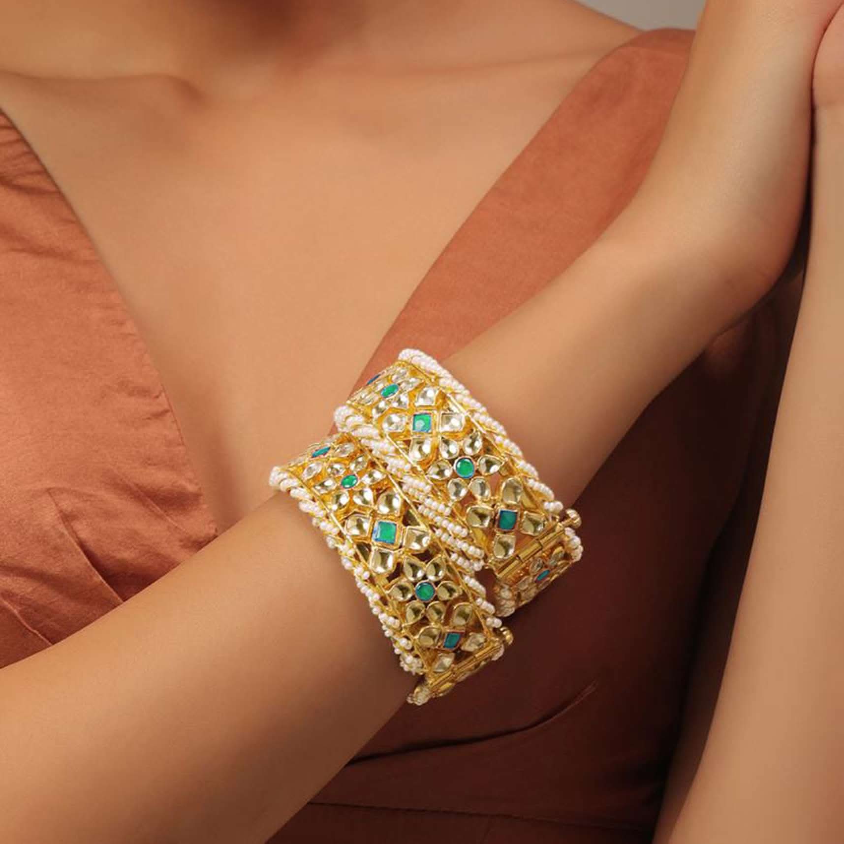 Gold Fineshed Pink and White Kundan Polki Bangles - Image 2