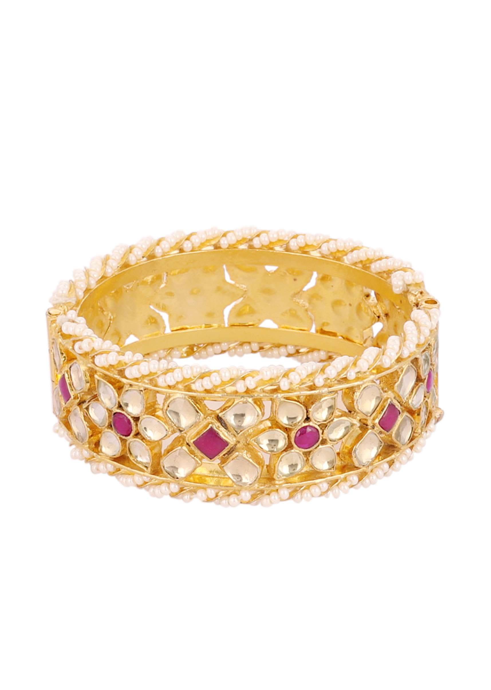 Gold Fineshed Pink and White Kundan Polki Bangles - Image 7