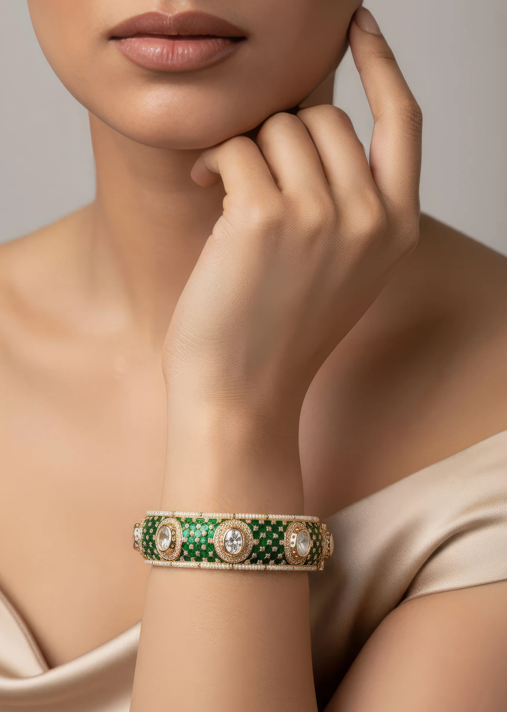 Gold Finish Bangle Set In Kundan Polki With Pearl Detailing