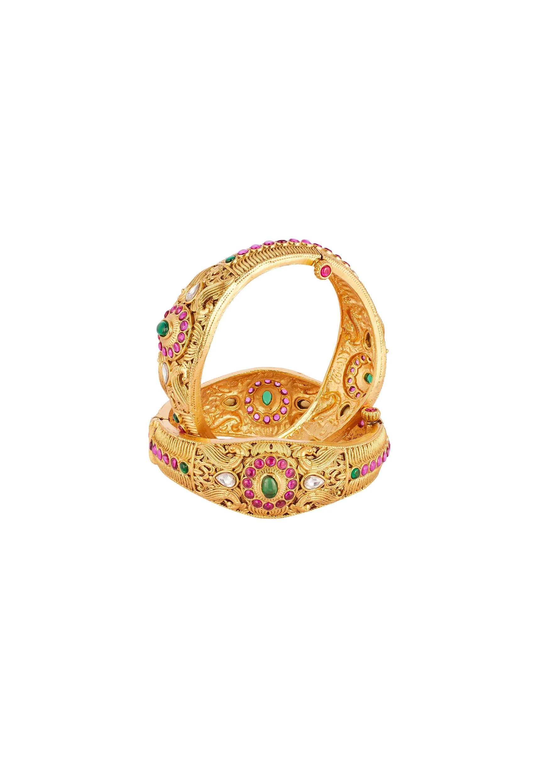 Gold Finish Bangle With Traditional Temple Motifs And Green and Pink Simulated Stones With Zirconia Accents - Image 2