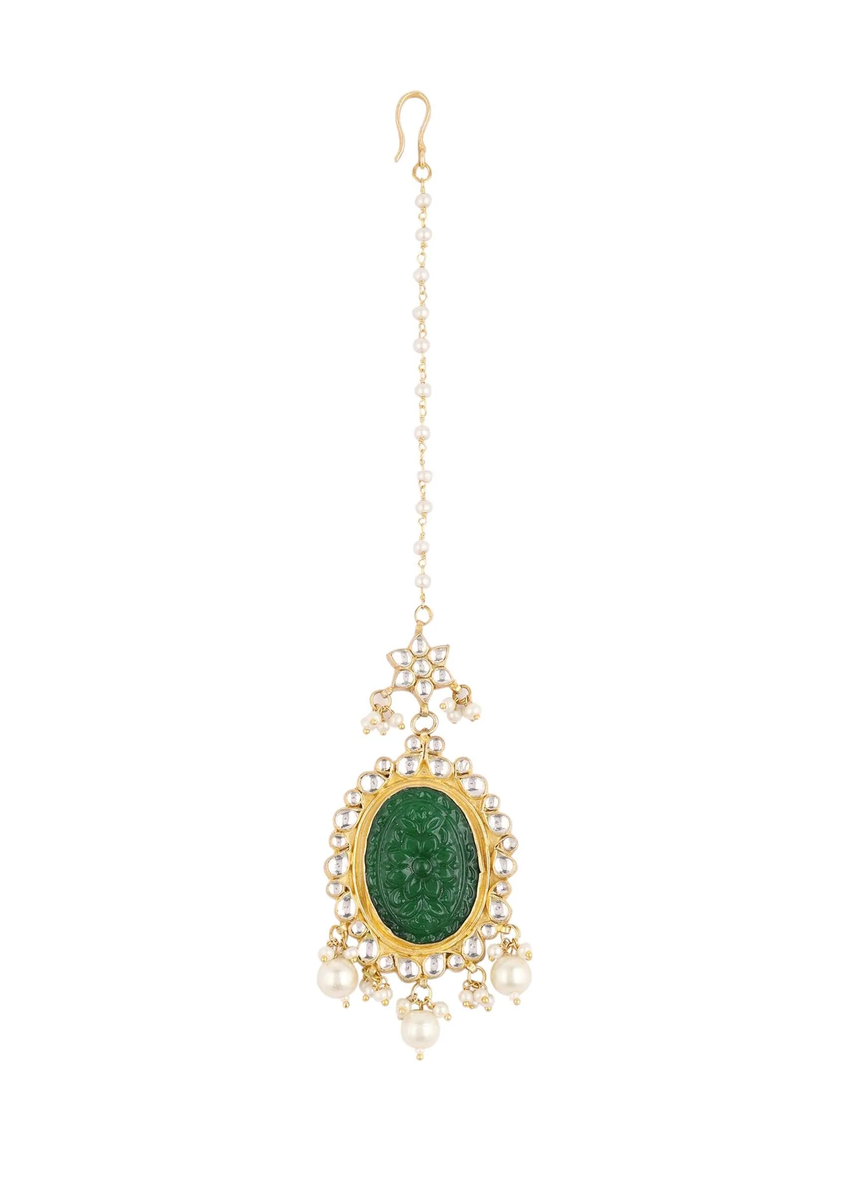 Gold Finish Carved Emerald Green Kundan Polki Bridal Choker Set - Image 10