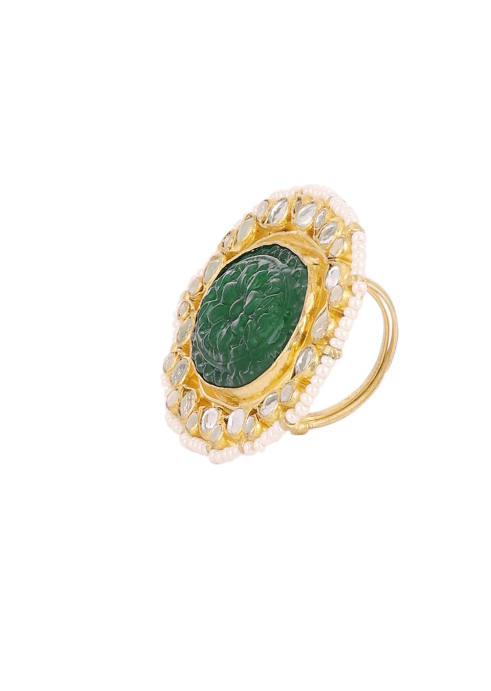 Gold Finish Carved Emerald Green Kundan Polki Bridal Choker Set - Image 11