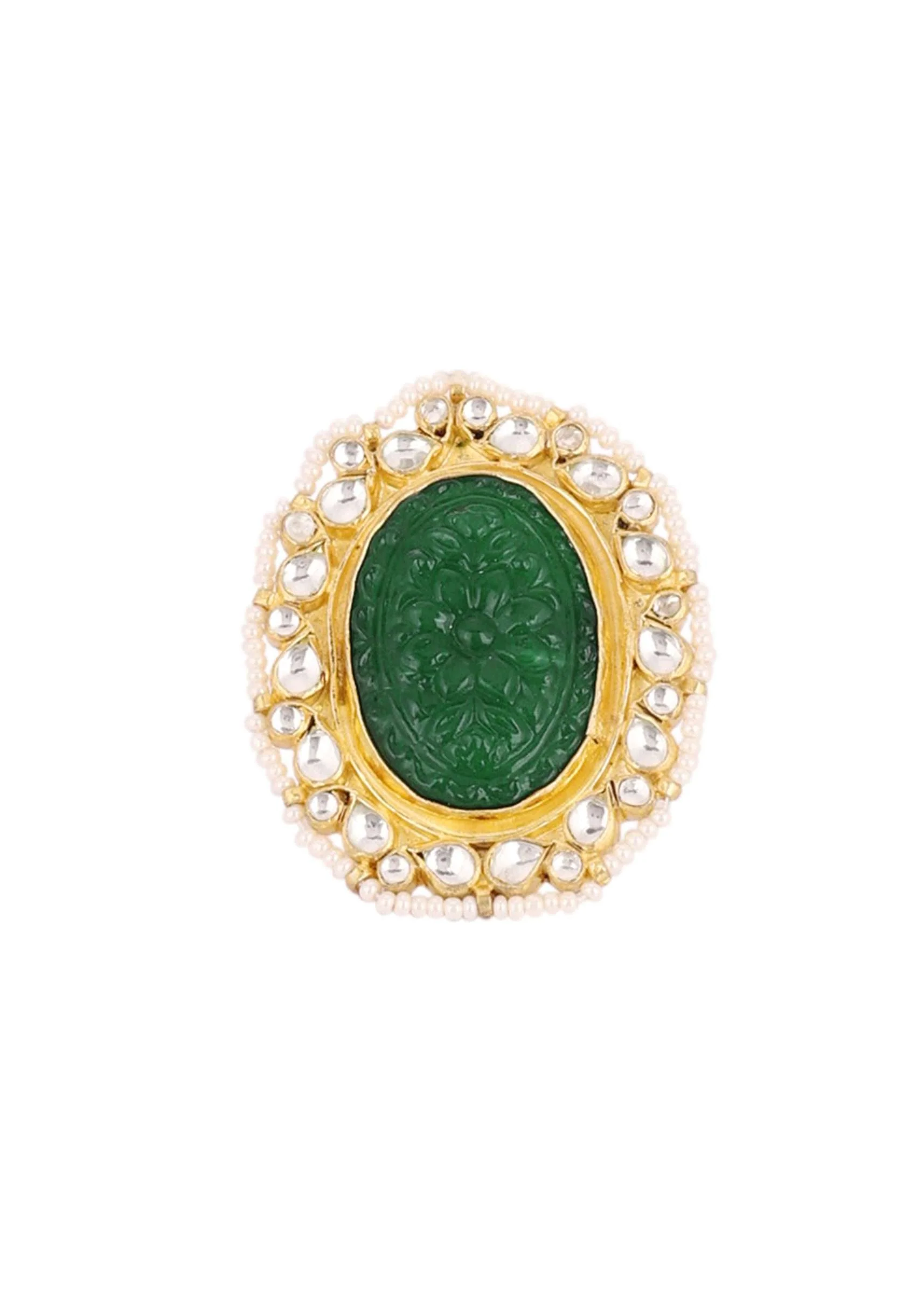Gold Finish Carved Emerald Green Kundan Polki Bridal Choker Set - Image 12