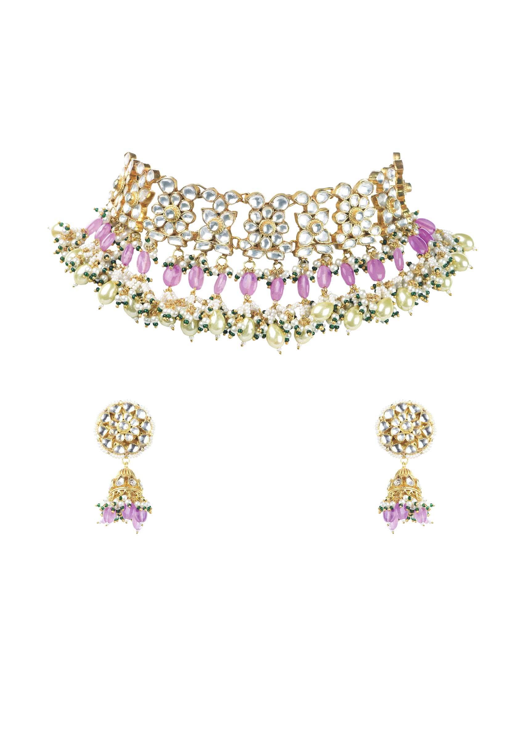 Gold Finish Choker With Pearls And Green Beads - Image 18
