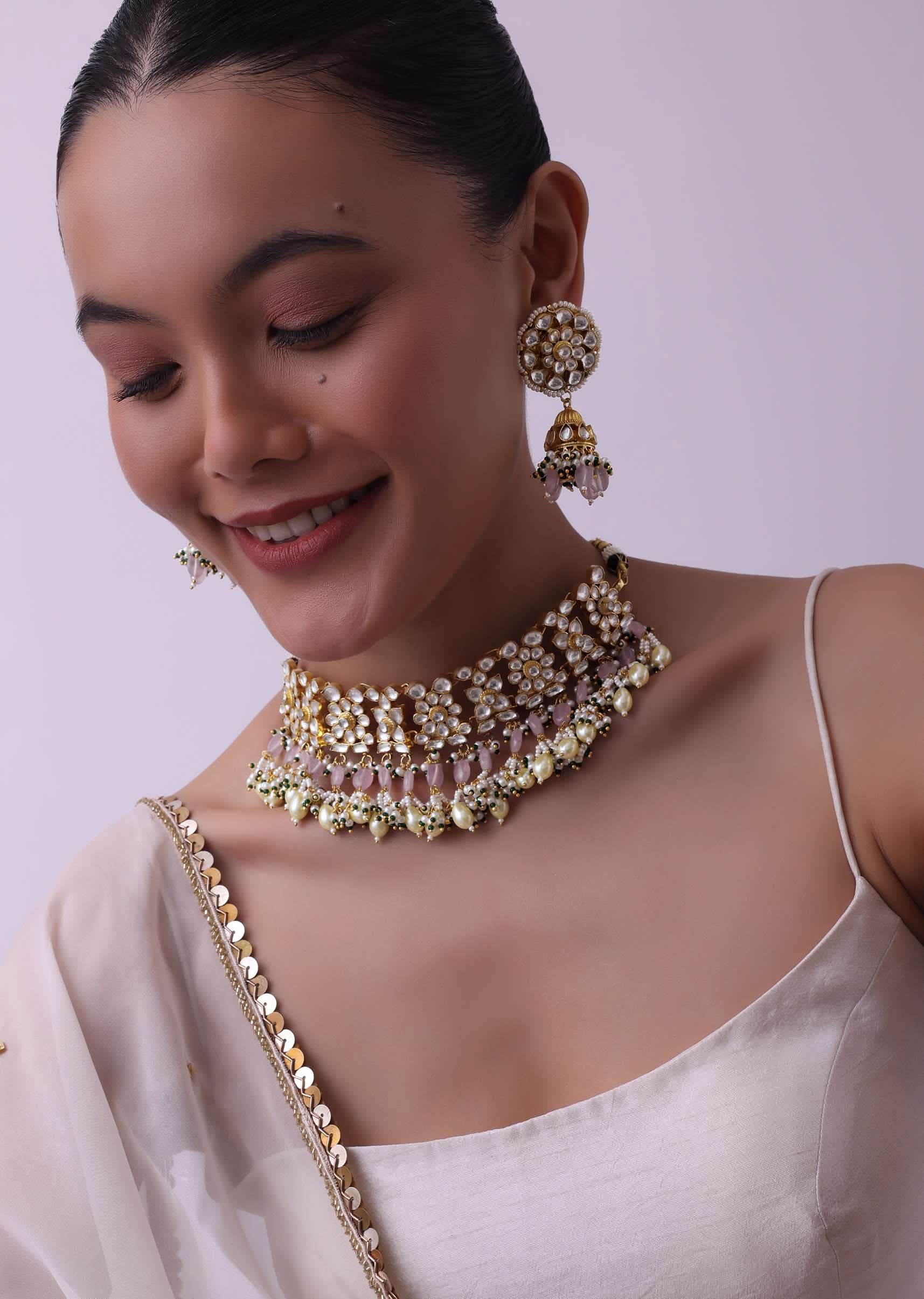 Gold Finish Choker With Pearls And Green Beads - Image 2