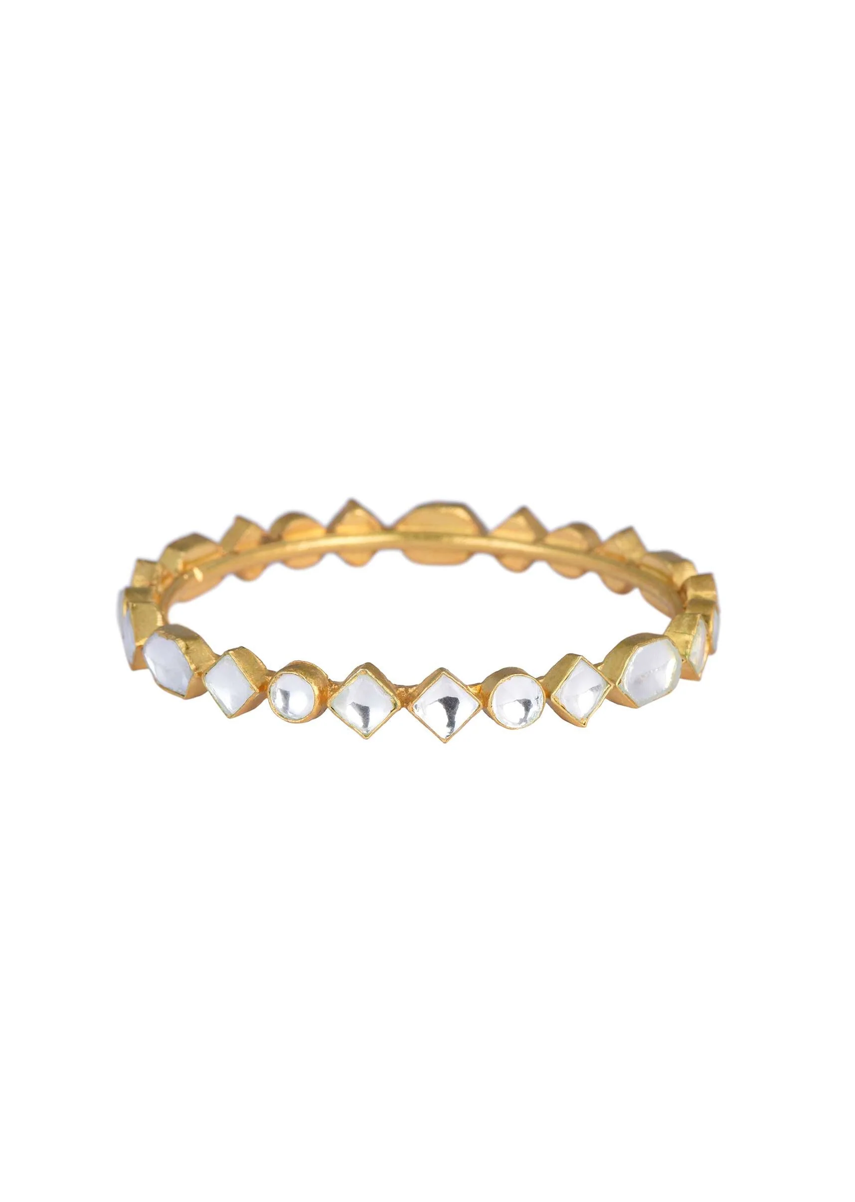 Gold Finish Dainty Bangle With Studded Kundan And Geometric Motifs Set of 2 - Image 3