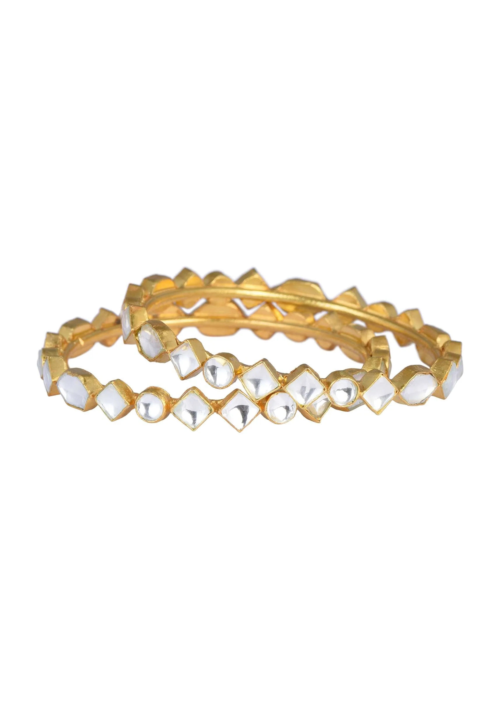 Gold Finish Dainty Bangle With Studded Kundan And Geometric Motifs Set of 2 - Image 4