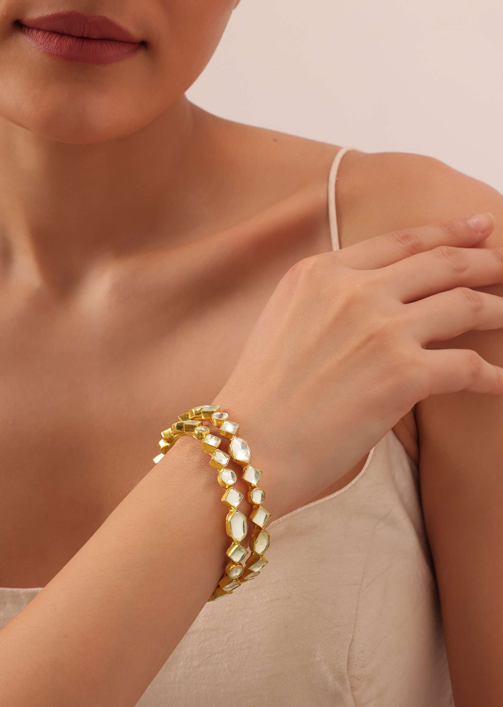Gold Finish Dainty Bangle With Studded Kundan And Geometric Motifs Set of 2 - Image 5