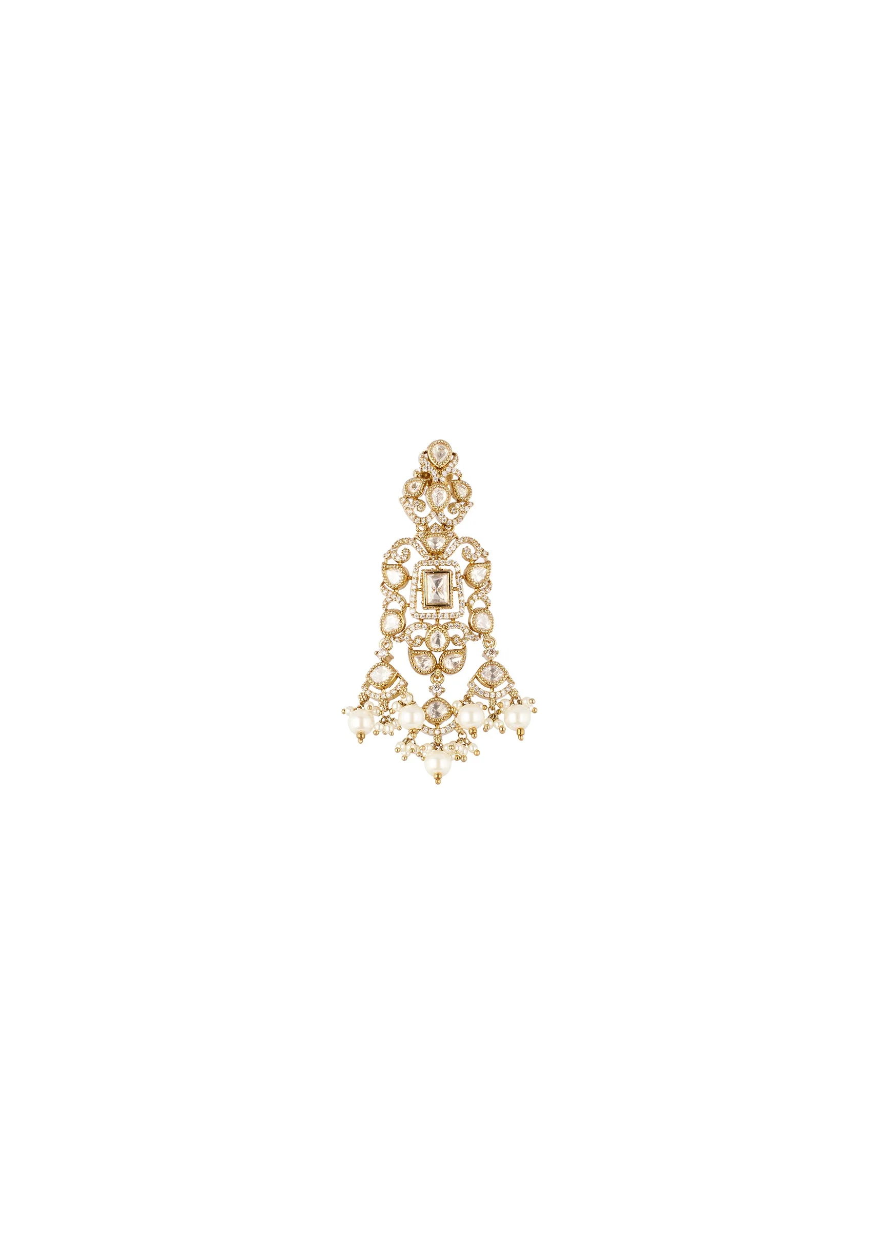 Gold Finish Drop Earrings In Polki With White Simulated Pearls and Clear Marquise Cut Stones - Image 3
