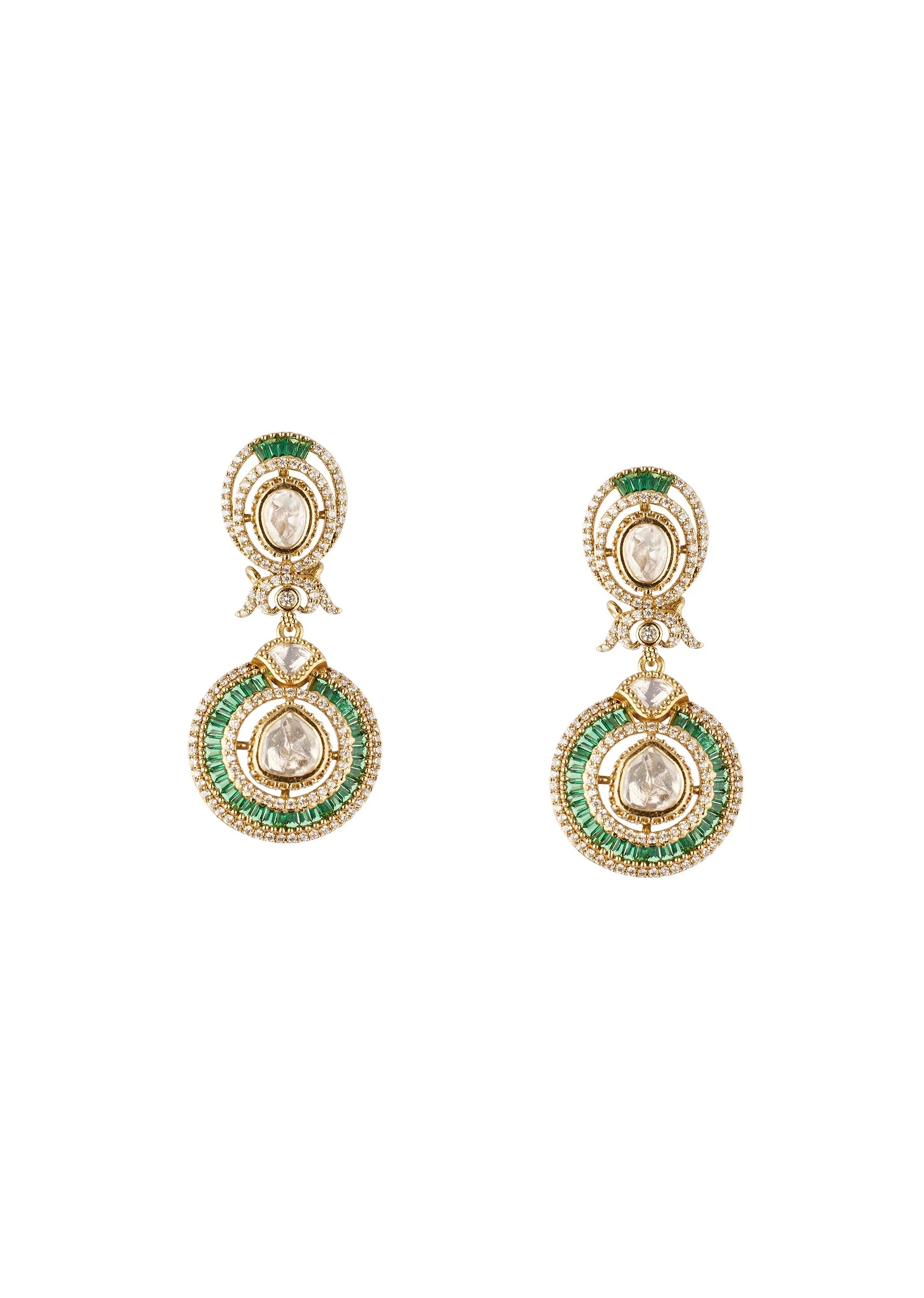 Gold Finish Dual Circular Earrings With Green Baguette Cut Stone Borders And Clear Polki Style Centers - Image 2