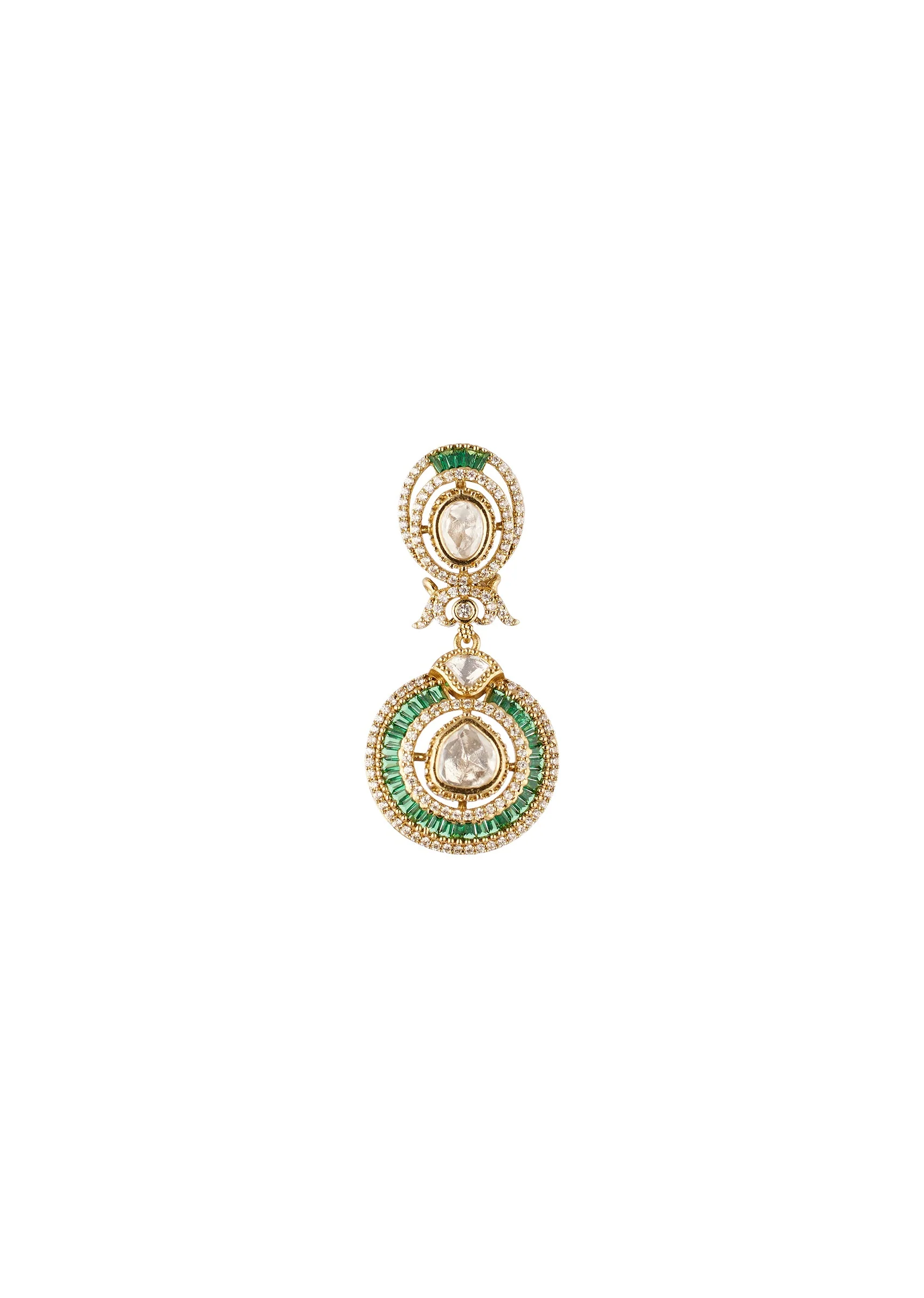 Gold Finish Dual Circular Earrings With Green Baguette Cut Stone Borders And Clear Polki Style Centers - Image 3