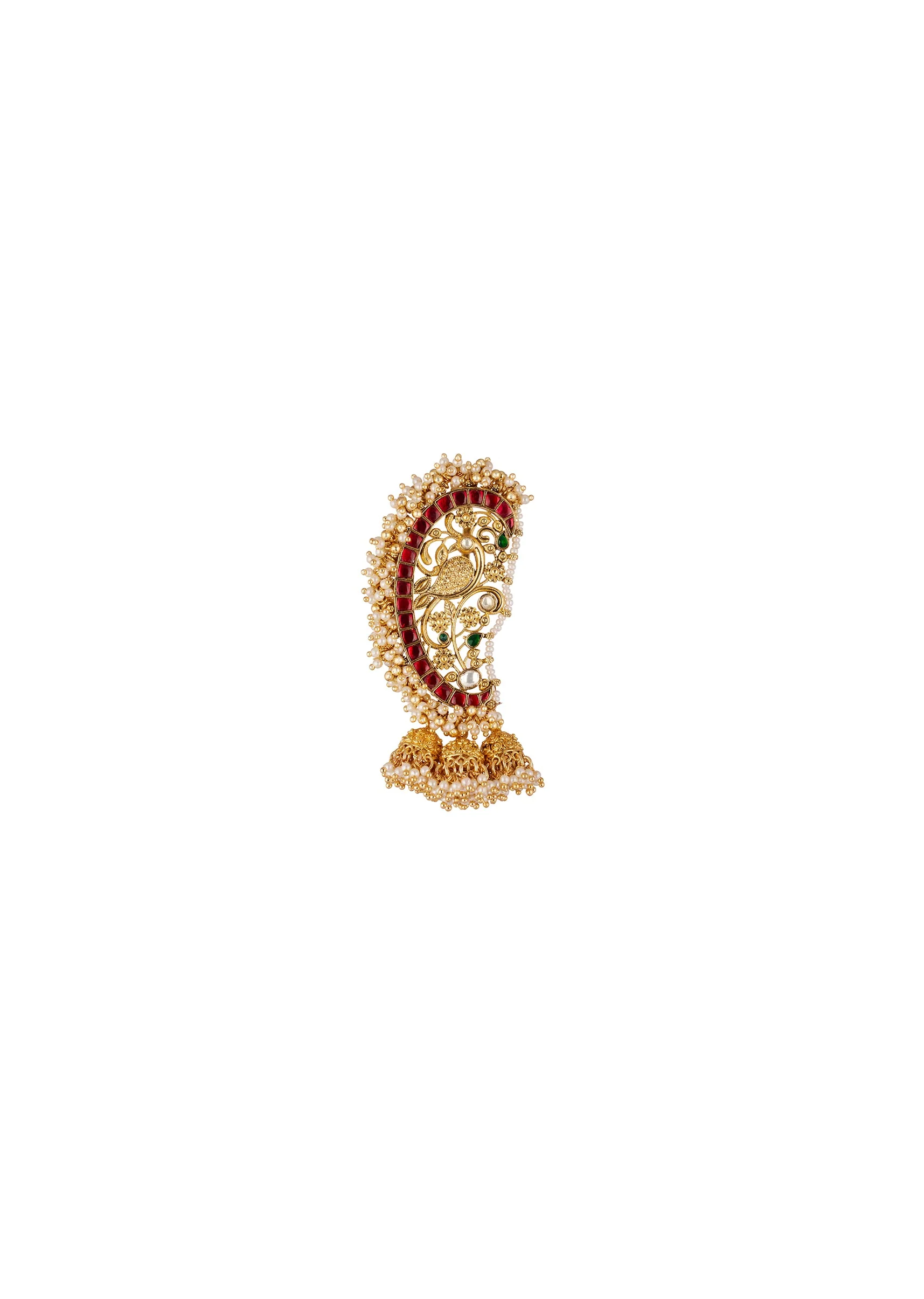 Gold Finish Earrings In Kaanphool Style And Peacock Motif And Pearl Detailing - Image 2