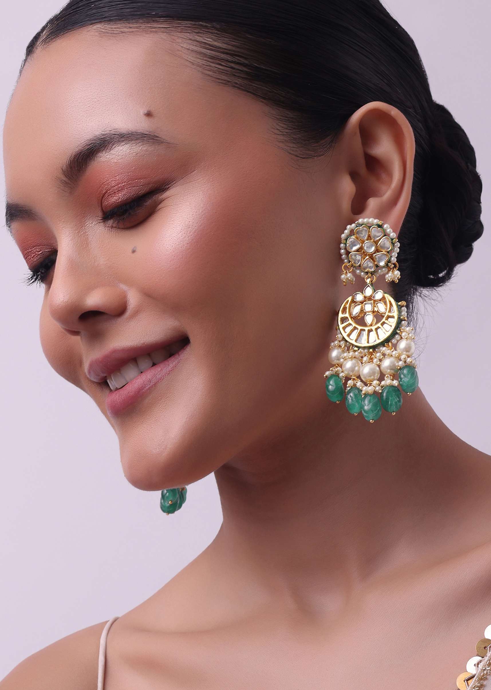 Gold Finish Green And White Chandbalis in Mix Metal - Image 4