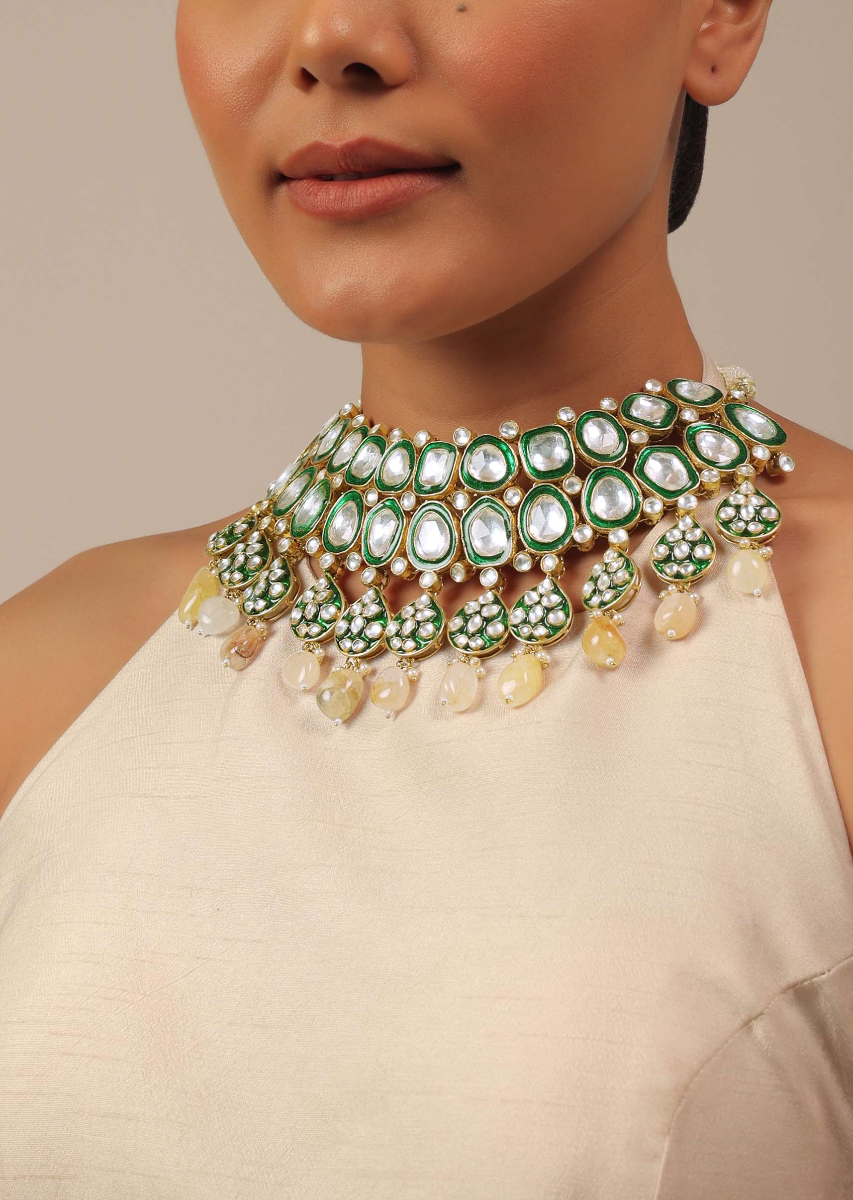 Gold Finish Green Kundan Polki Bridal Choker Set With Stones - Image 3