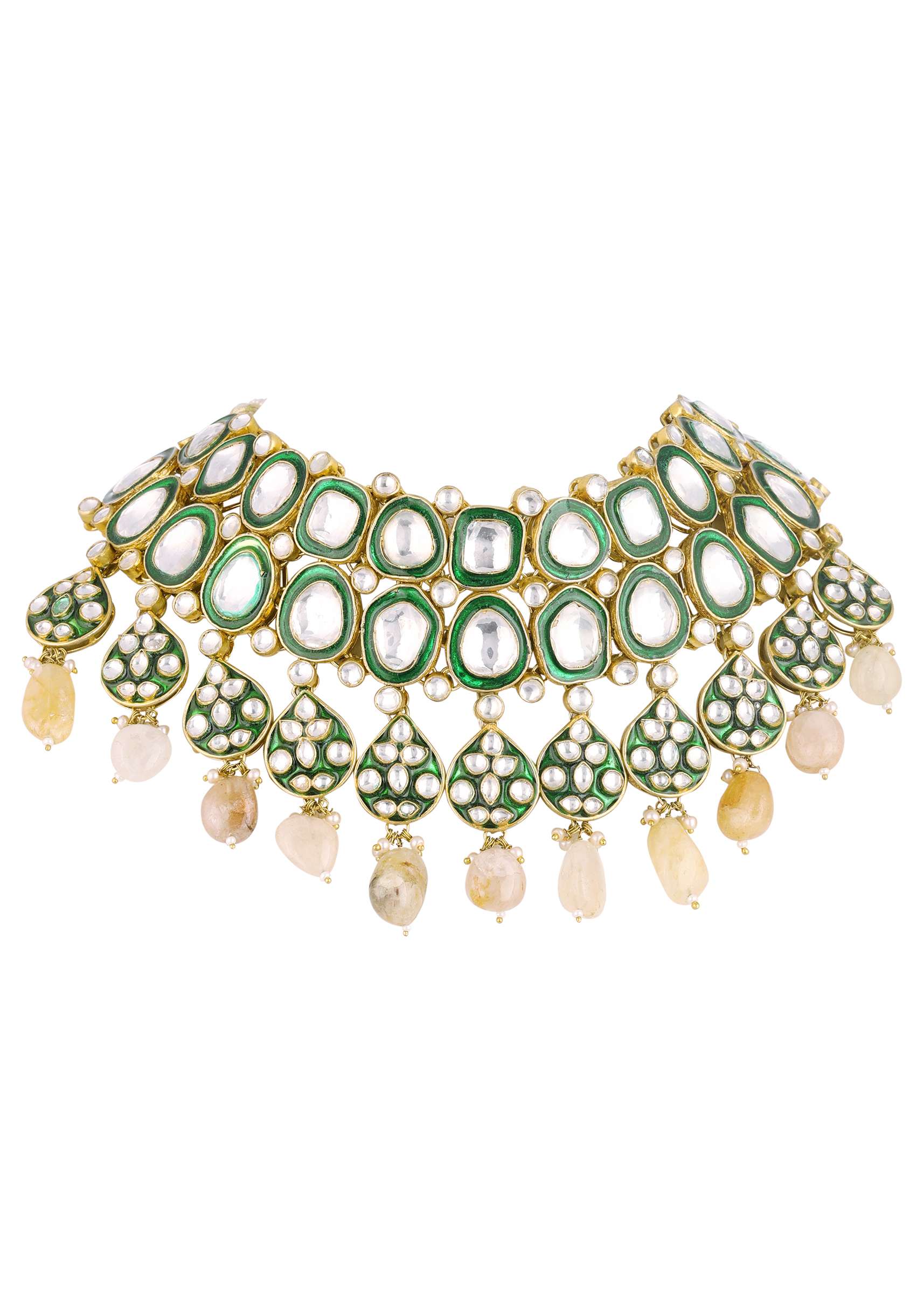 Gold Finish Green Kundan Polki Bridal Choker Set With Stones - Image 5