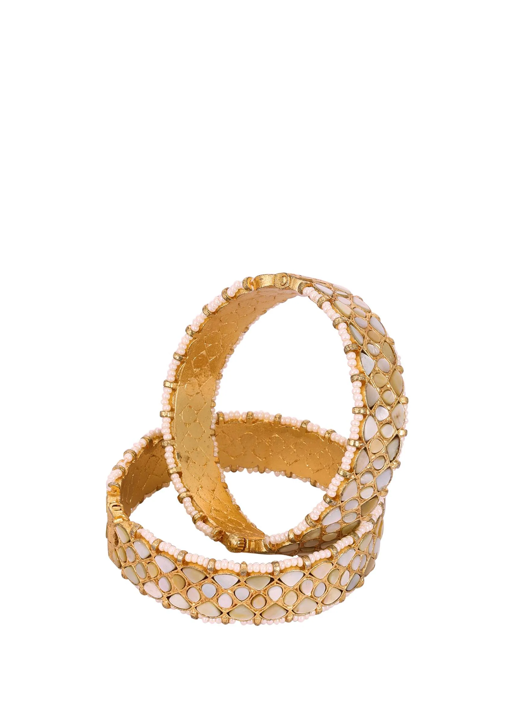 Gold Finish Jadau Kundan Kadas With Synthetic Stones And Beads - Image 2