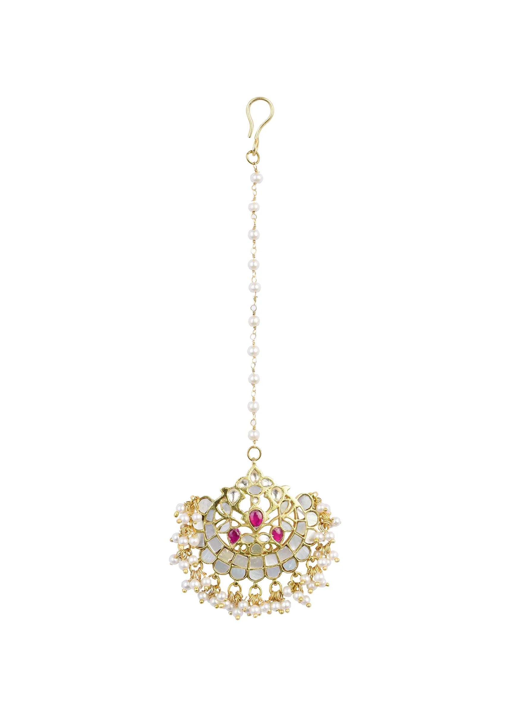 Gold Finish Jadau Kundan Multicolor Maangteeka With Synthetic Stones And Beads - Image 2