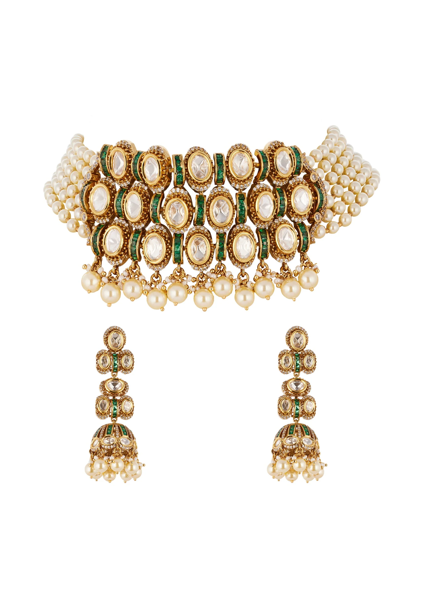 Gold Finish Jewellery Set In Polki in Semi Precious Stones - Image 2