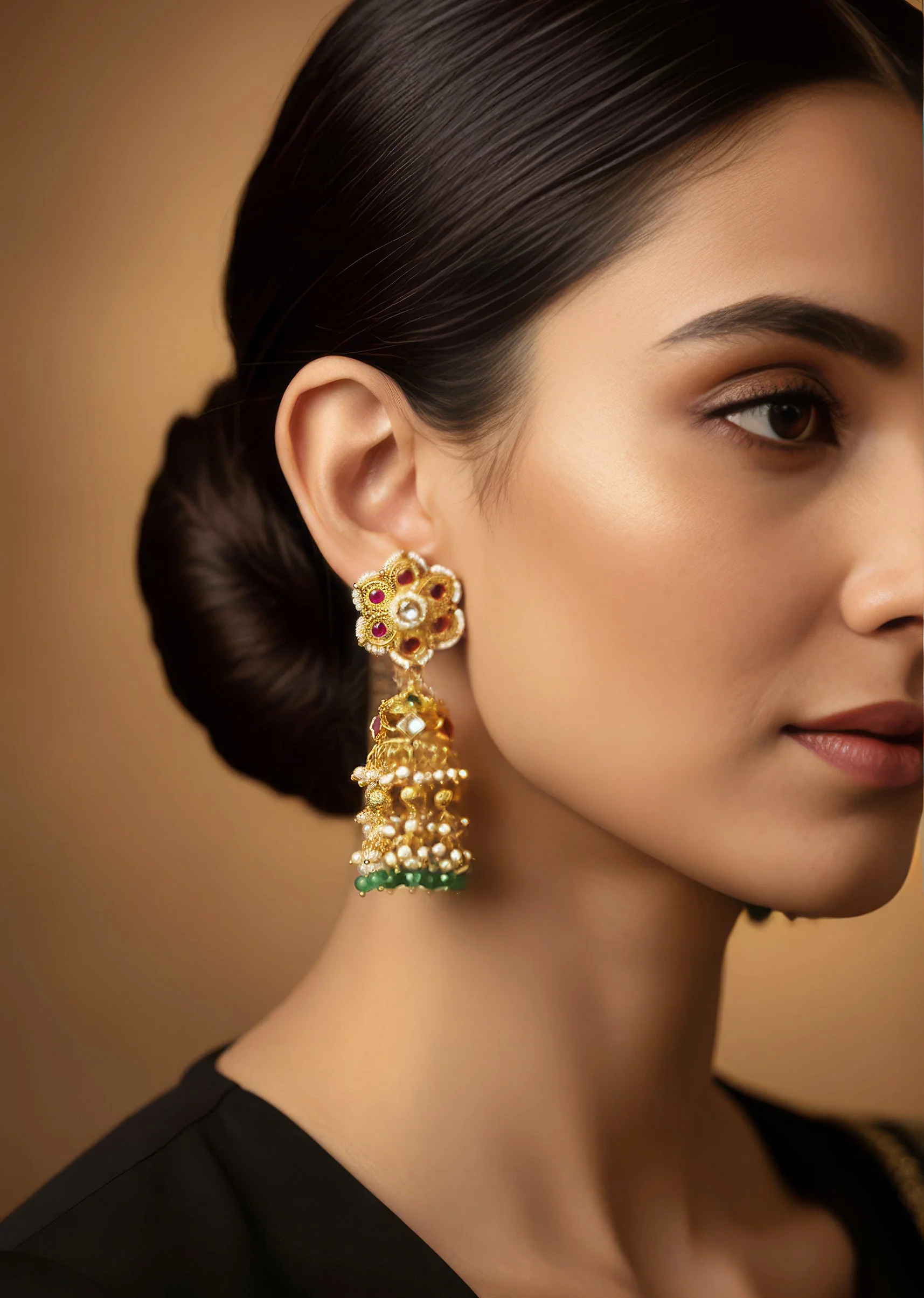 Gold Finish Jhumka Earrings In Mix Metal With Floral Stud And Green and White Bead Tassels