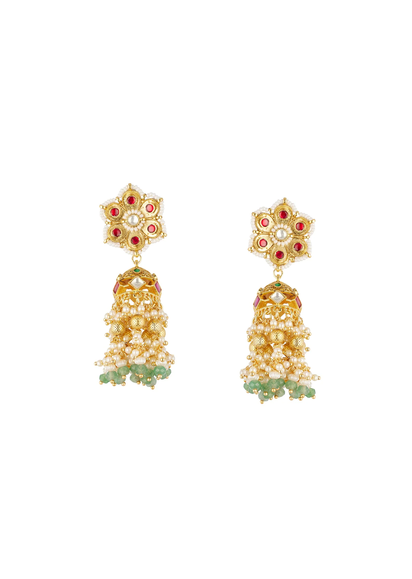 Gold Finish Jhumka Earrings In Mix Metal With Floral Stud And Green and White Bead Tassels - Image 2