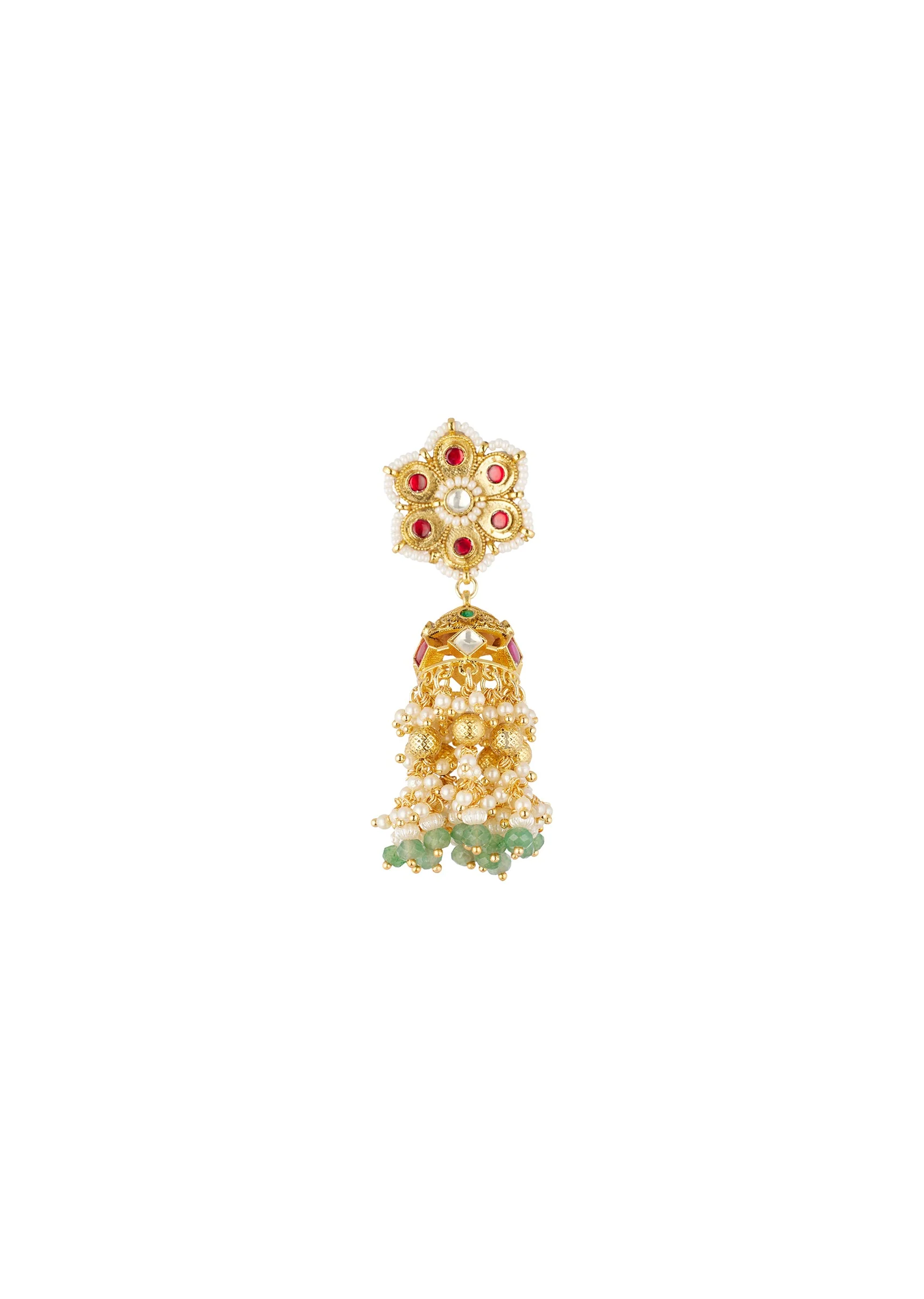 Gold Finish Jhumka Earrings In Mix Metal With Floral Stud And Green and White Bead Tassels - Image 3