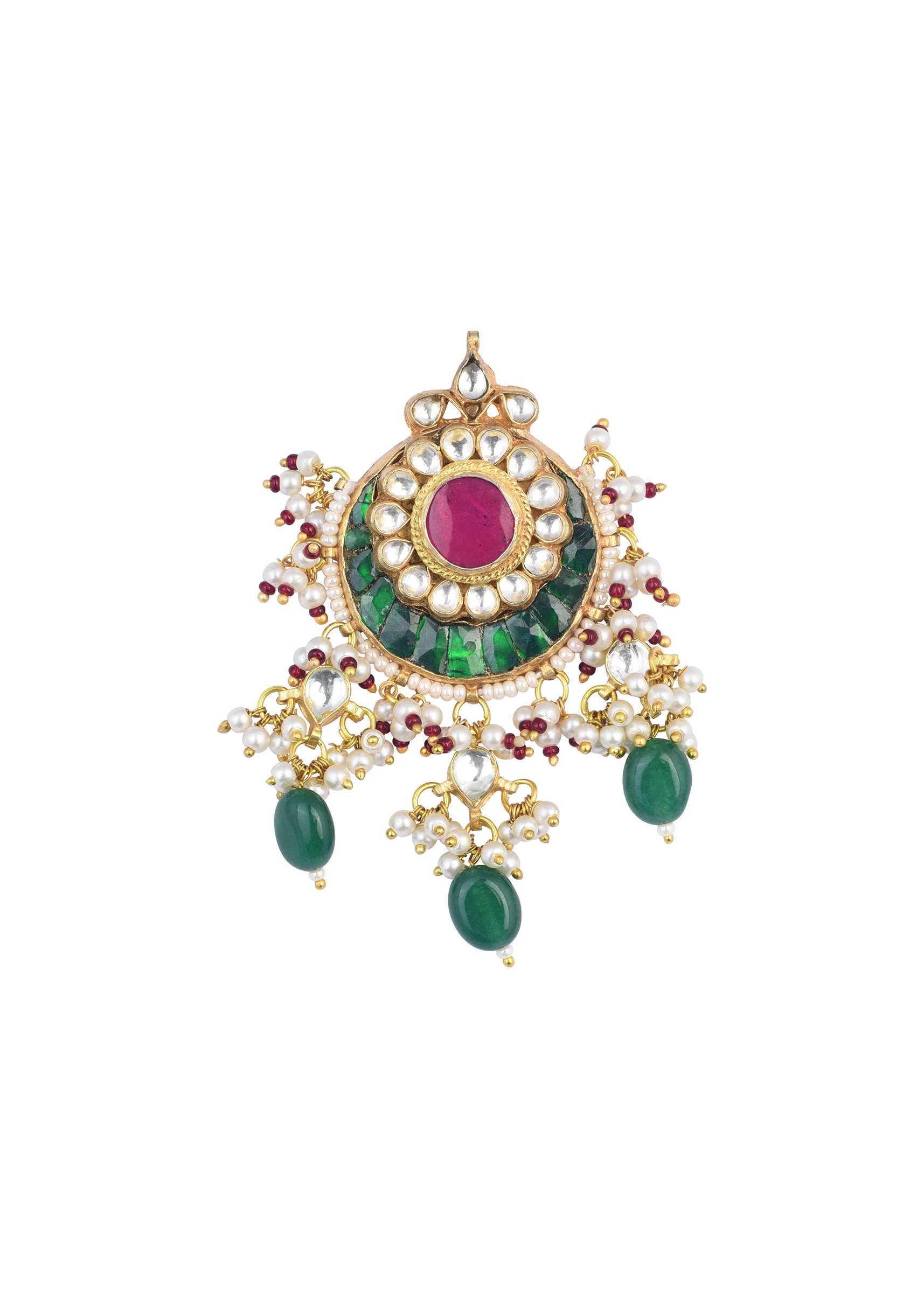 Gold Finish Kundan Chandbalis With Green Stone Drops - Image 3