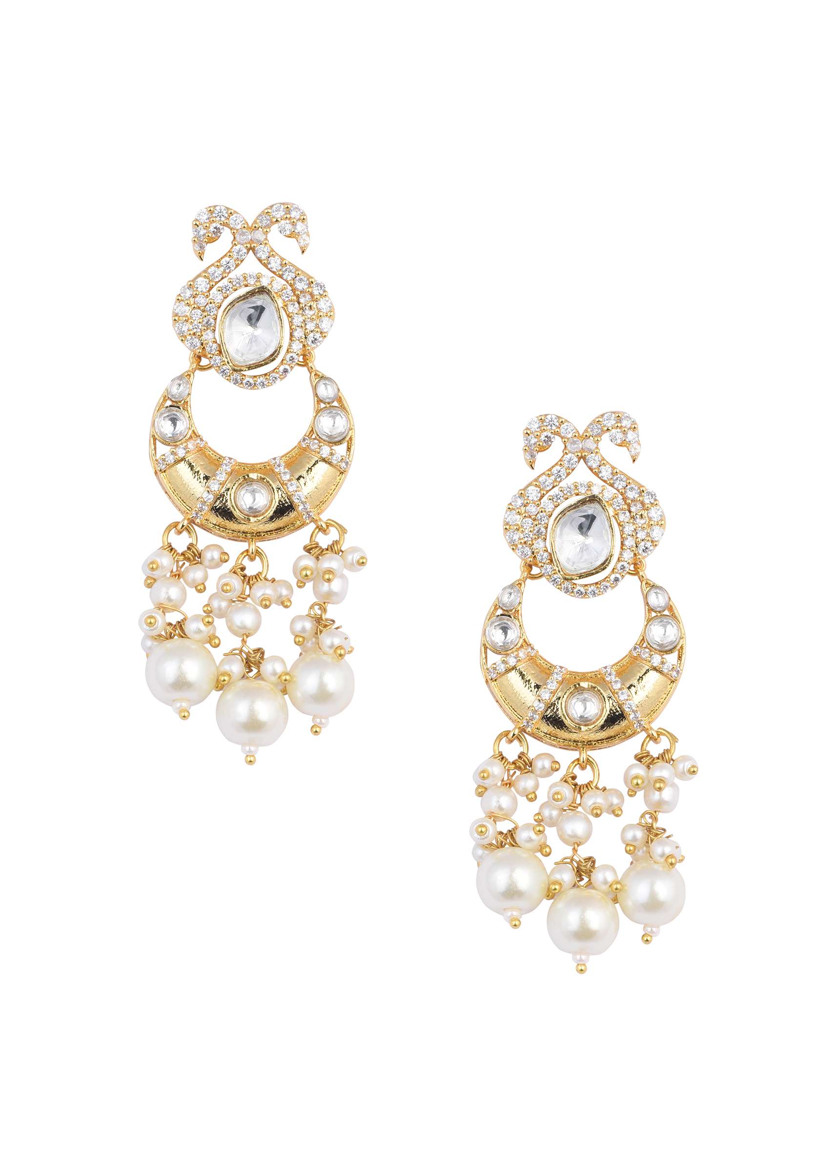Gold Finish Kundan Chandbalis With Pearl Drops - Image 2