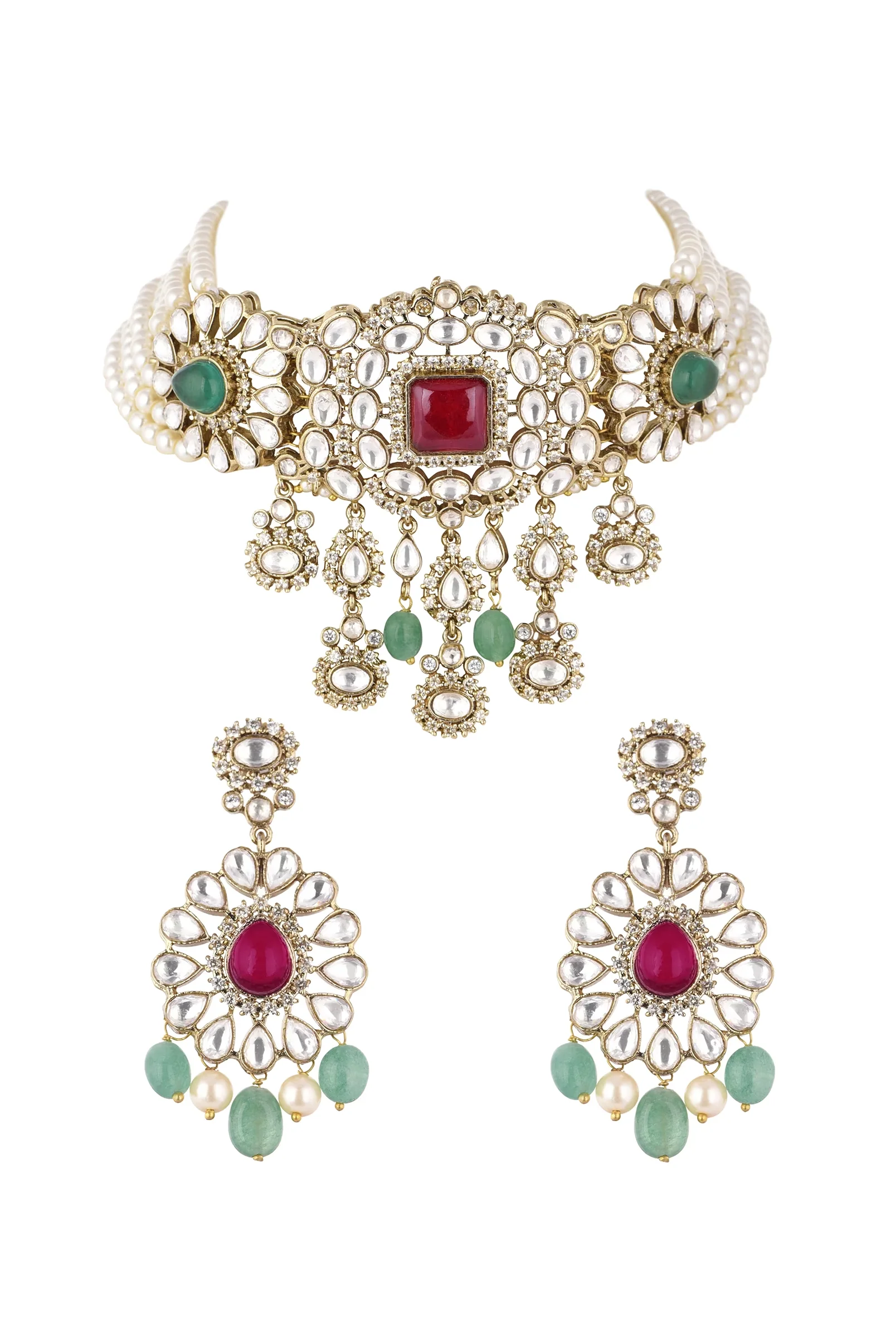 Gold Finish Kundan Choker Set With Synthetic Ruby And Emerald Stones - Image 3
