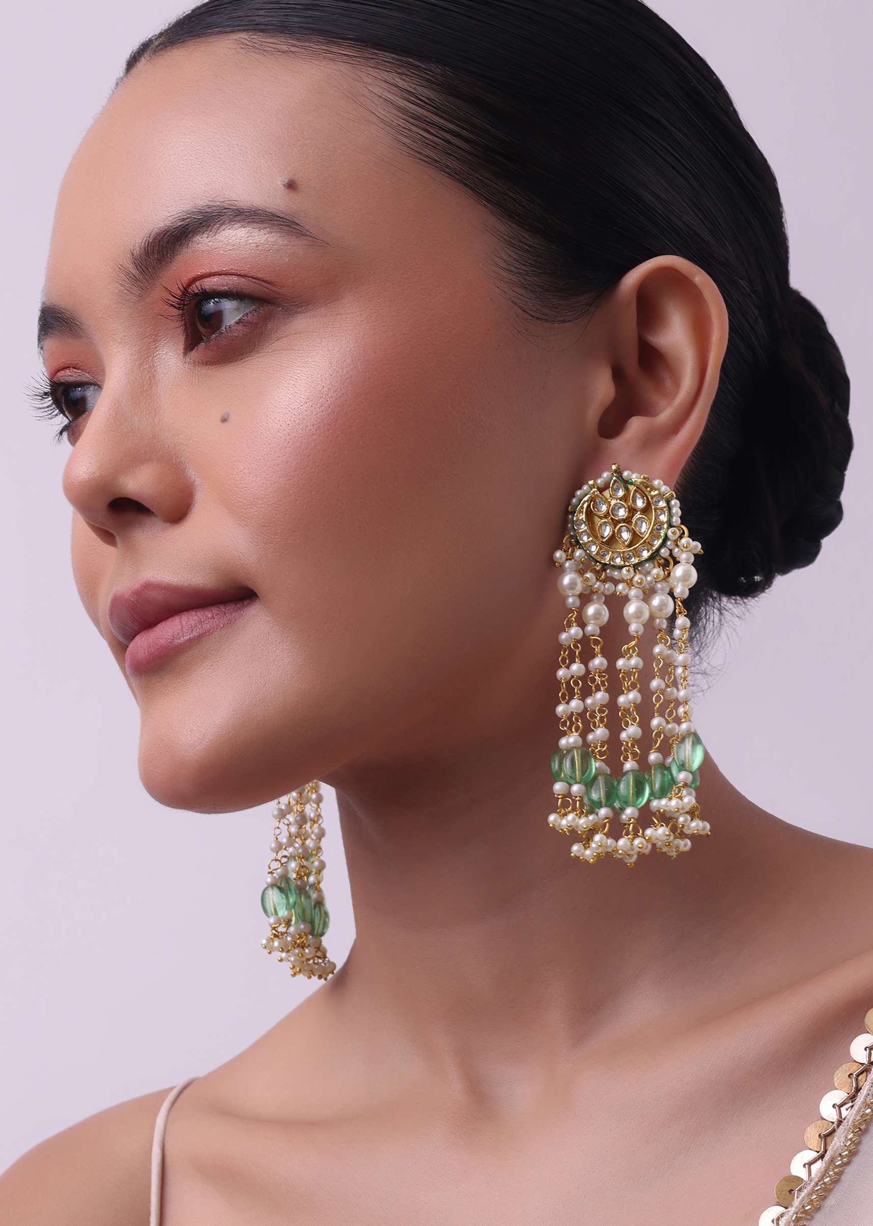 Gold Finish Kundan Danglers With Green Beads - Image 4