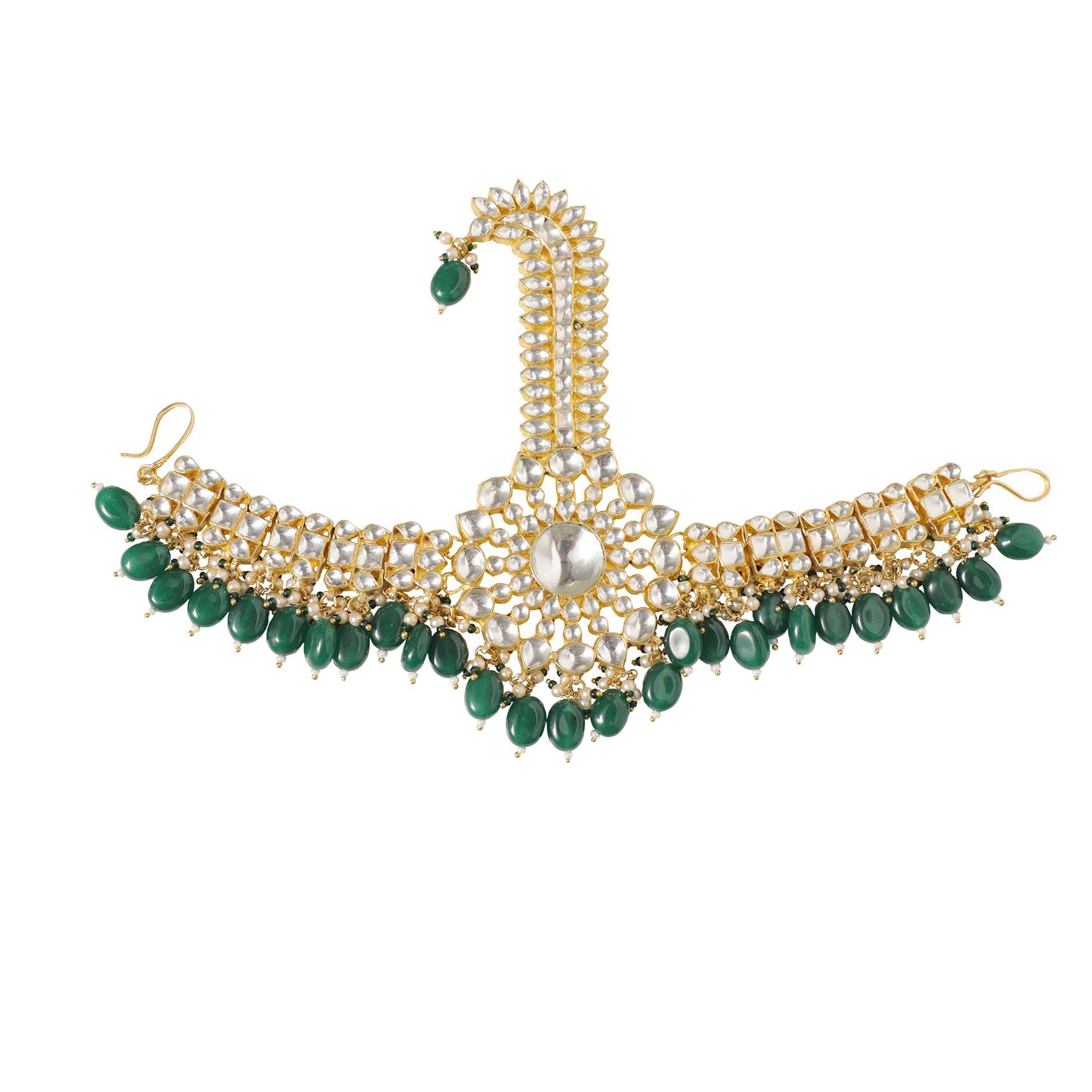 Gold Finish Kundan Kalgi In Mix Metal With Emerald Green Stones - Image 2