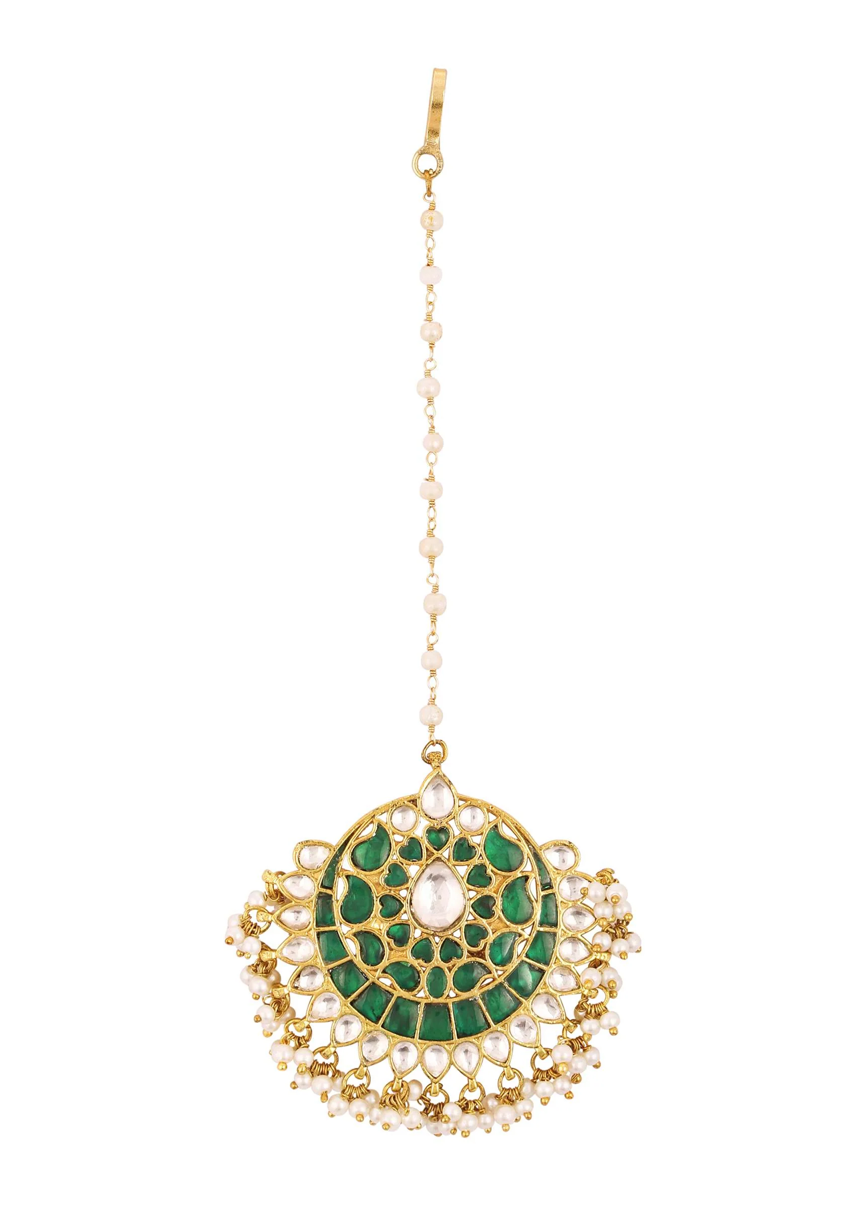 Gold Finish Kundan Maangteeka With Synthetic Emerald Stones And Beads - Image 3