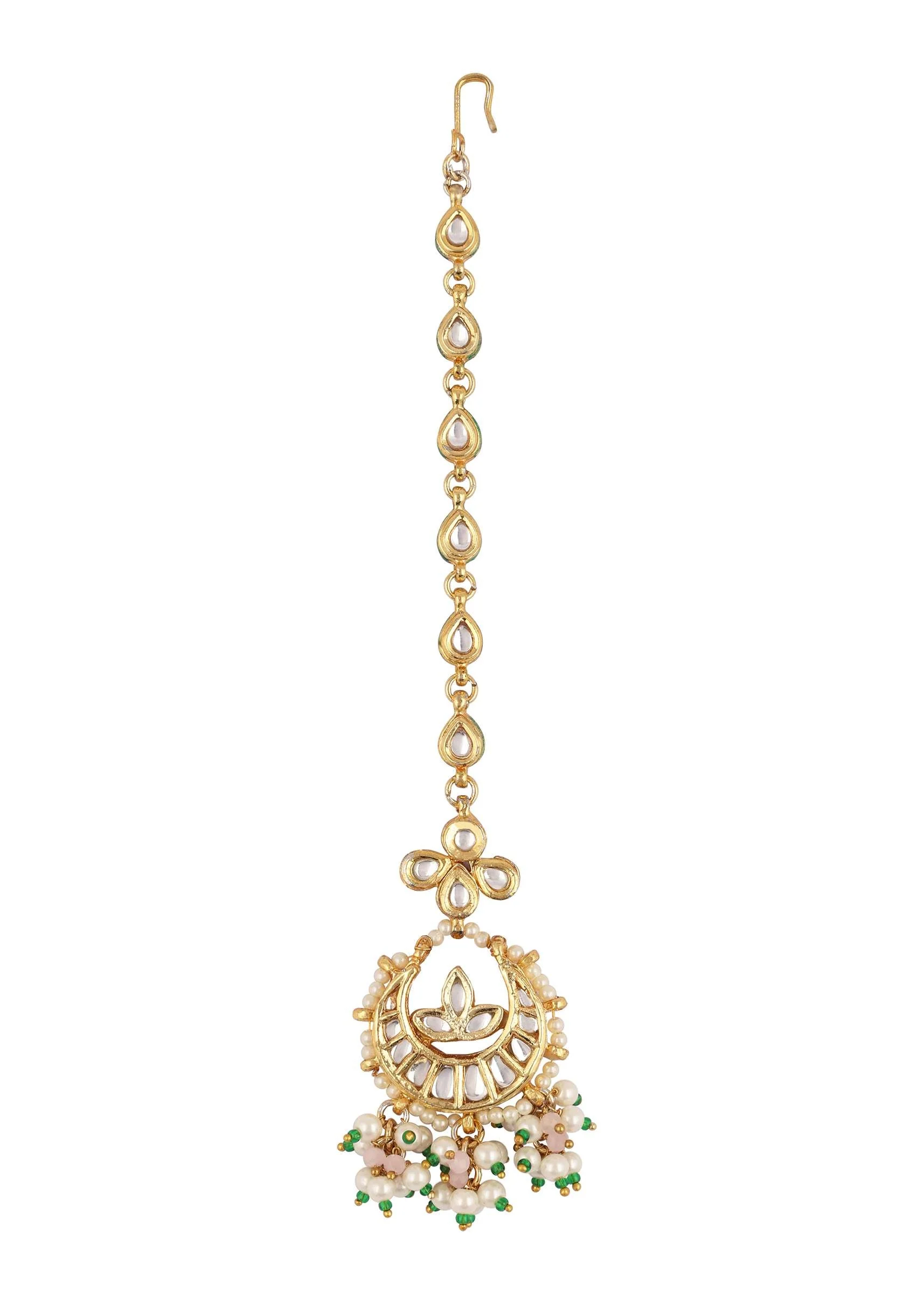 Gold Finish Kundan Mangtikka With Dangling Pearls - Image 3
